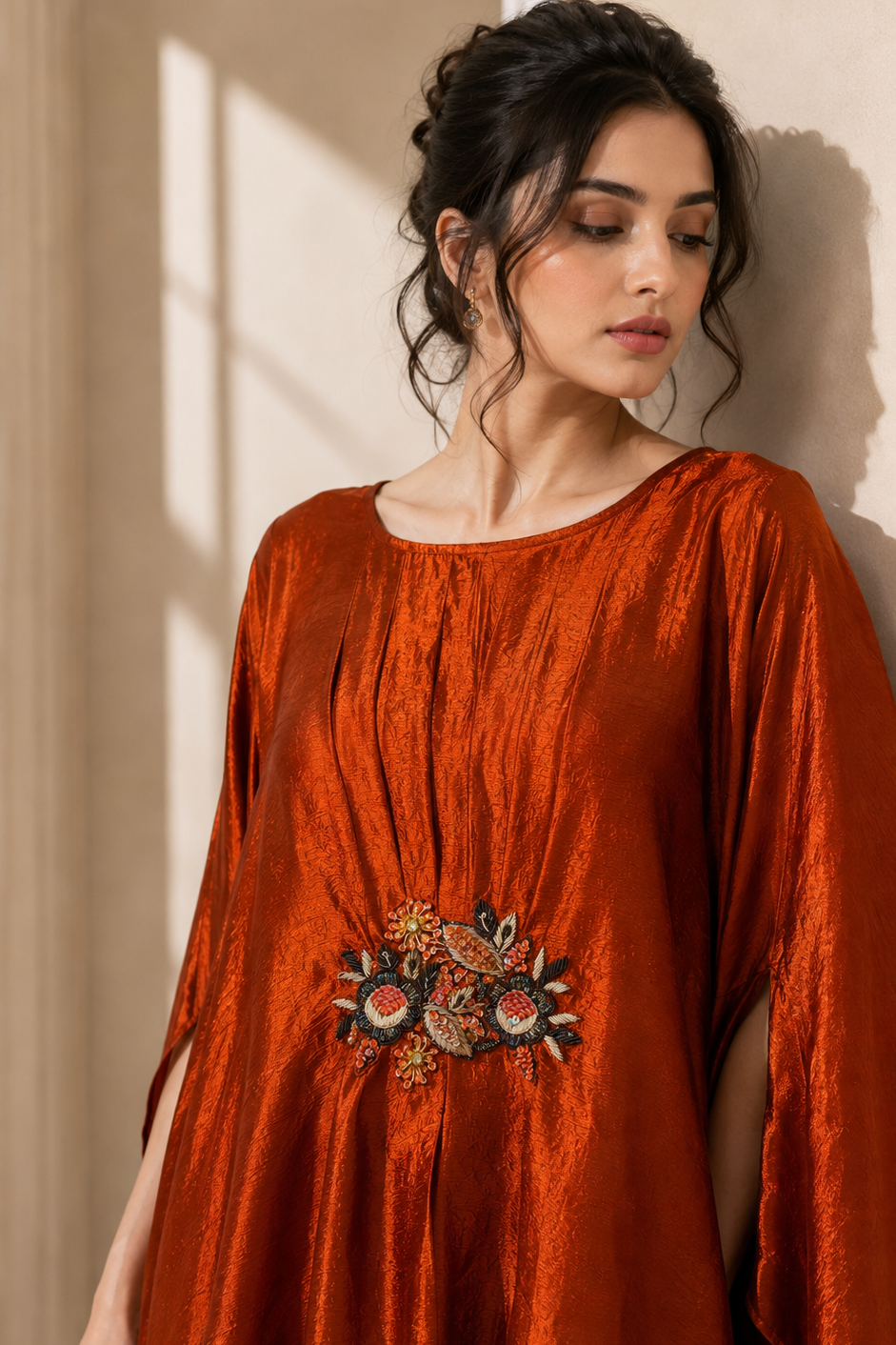 Metallic Rust Embroidered Kaftan & Palazzo Set
