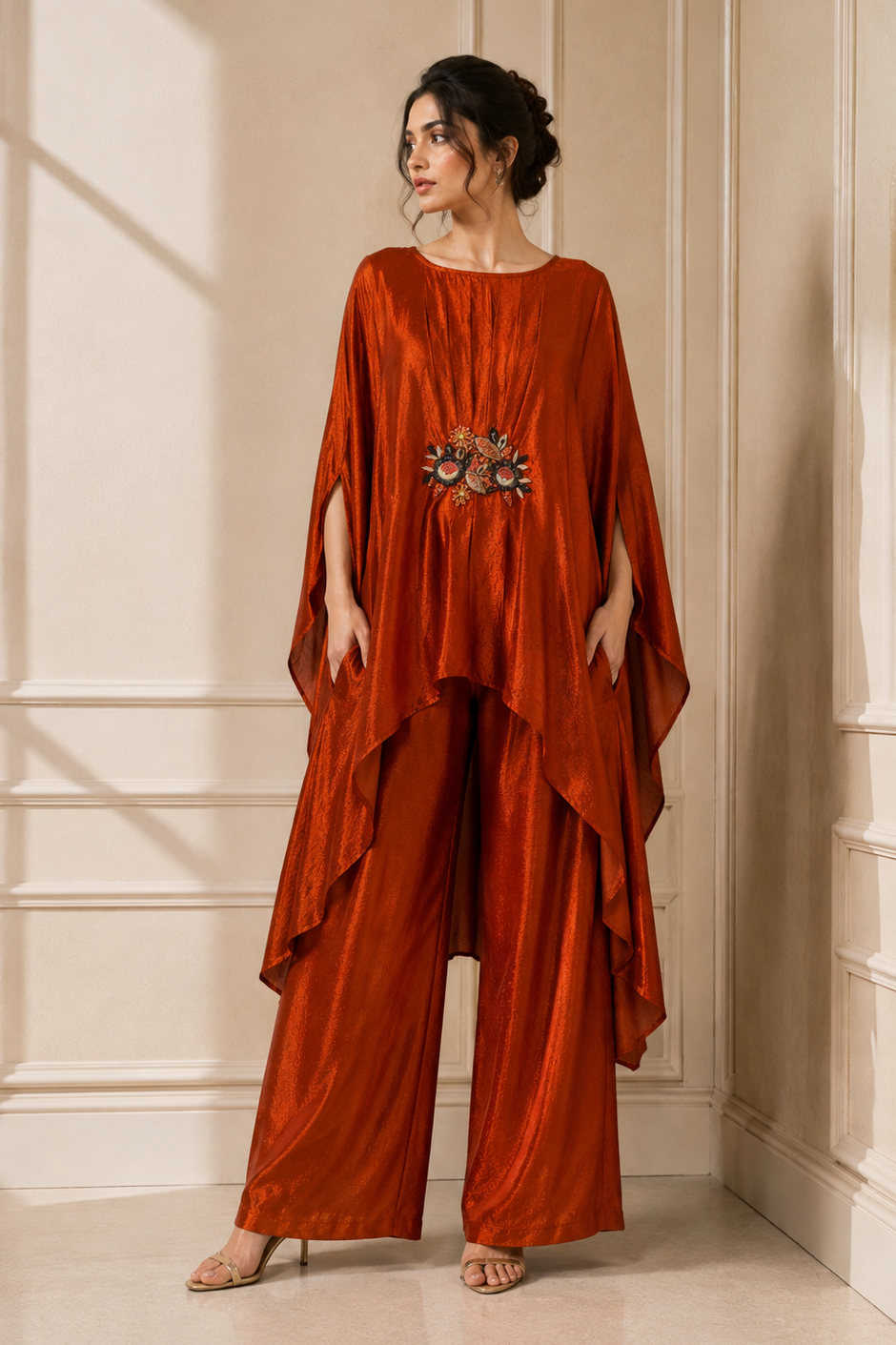 Metallic Rust Embroidered Kaftan & Palazzo Set