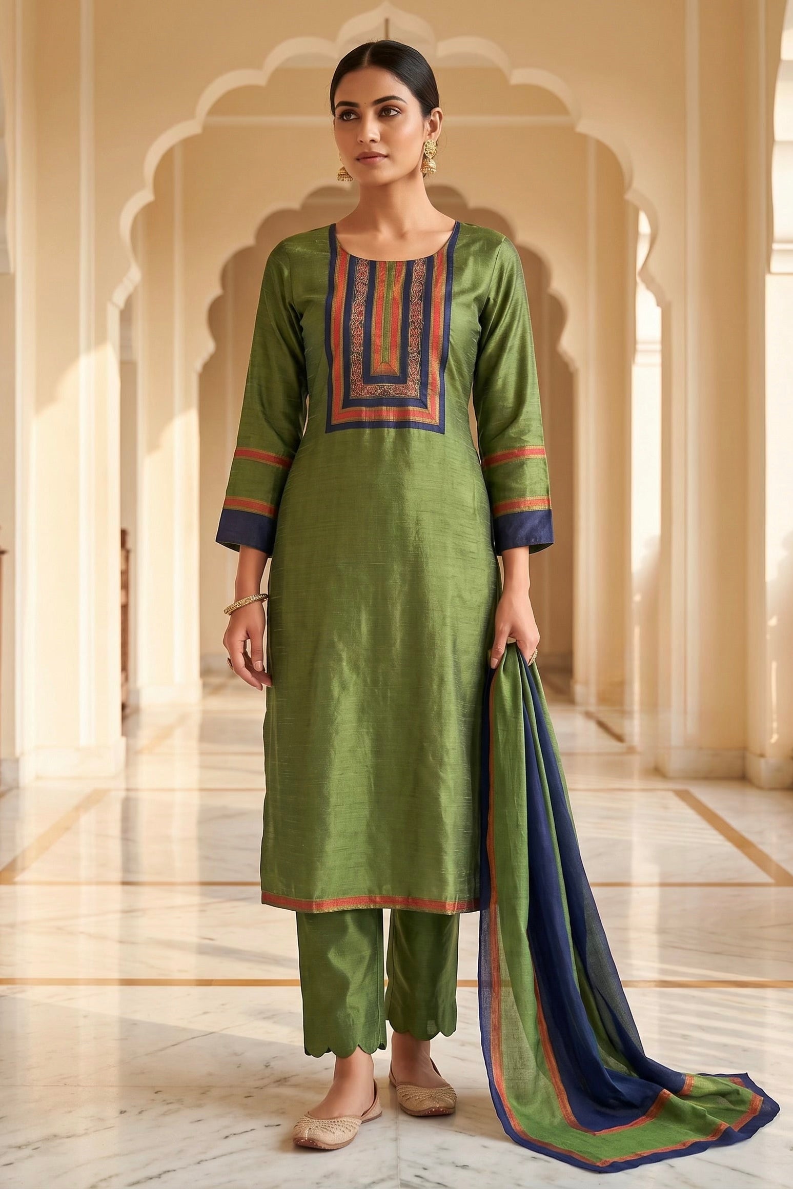 Meadow Green Printed Dola Silk Pant Set