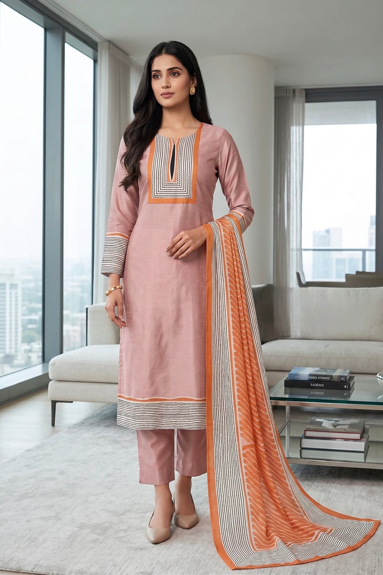 Dusty Rose Printed Dola Silk Pant Set