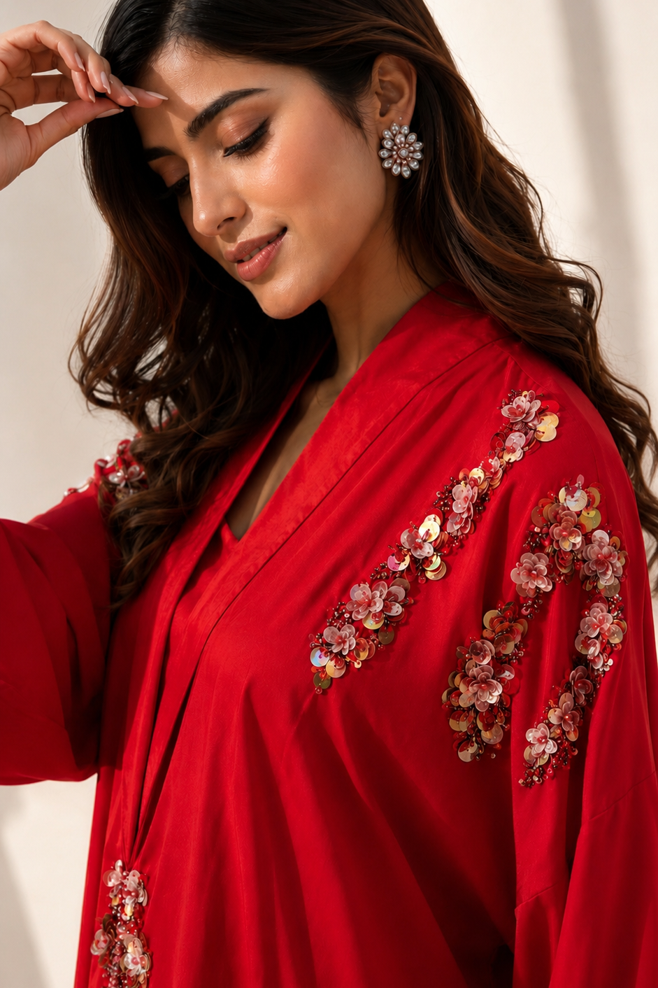 Vibrant Red Embellished Crepe Silk Co-ord Set