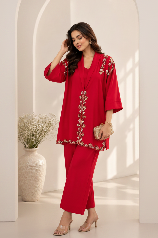 Vibrant Red Embellished Crepe Silk Co-ord Set