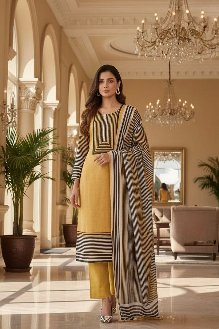 Ochre Linear Printed Dola Silk Pant Set