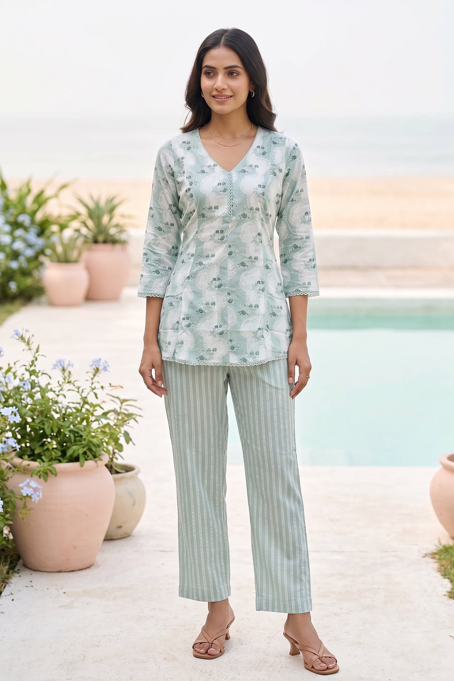 Seafoam Floral Printed Cotton Co-Ord Set