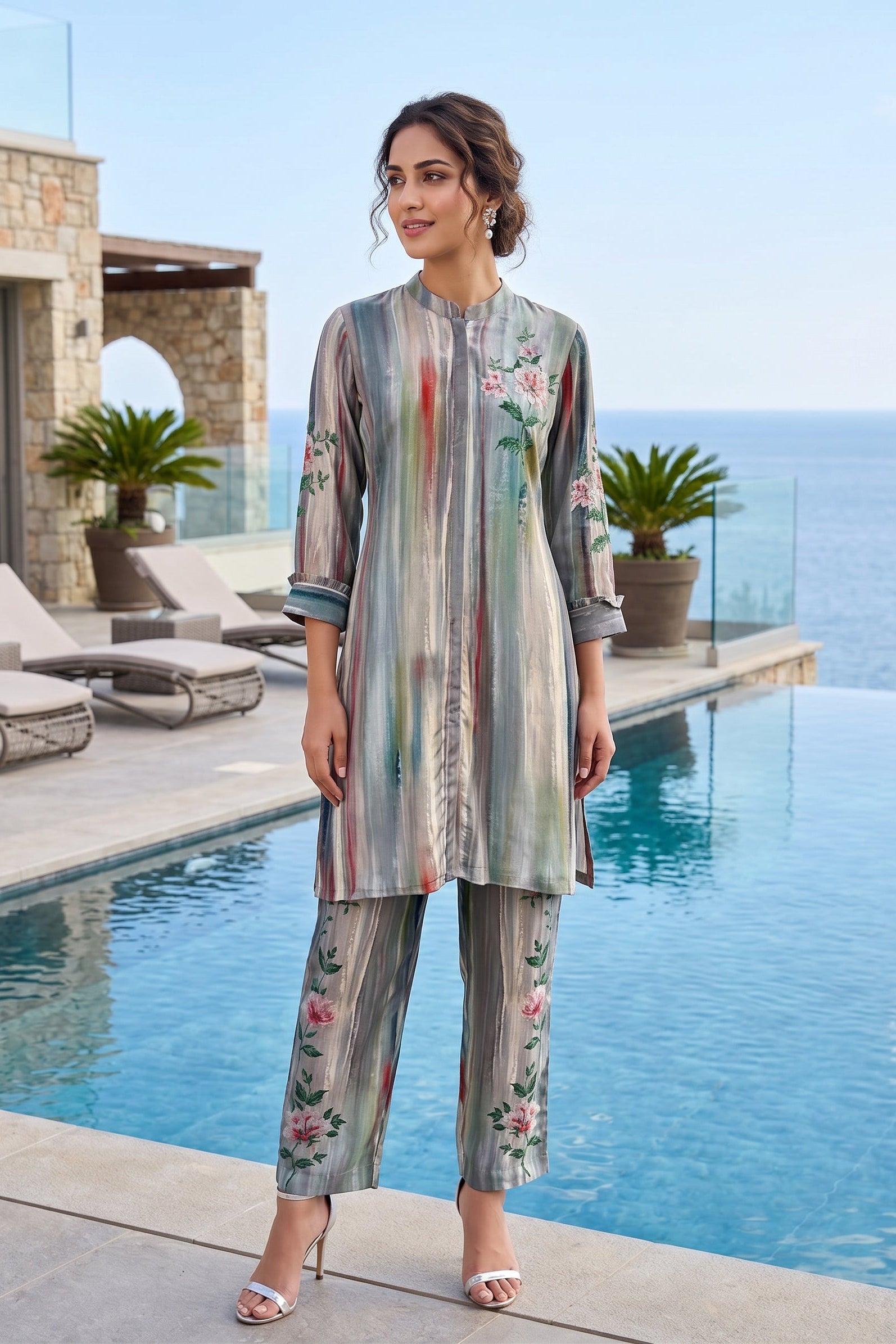 Silver Glaze Printed Crepe Silk Co-Ord Set