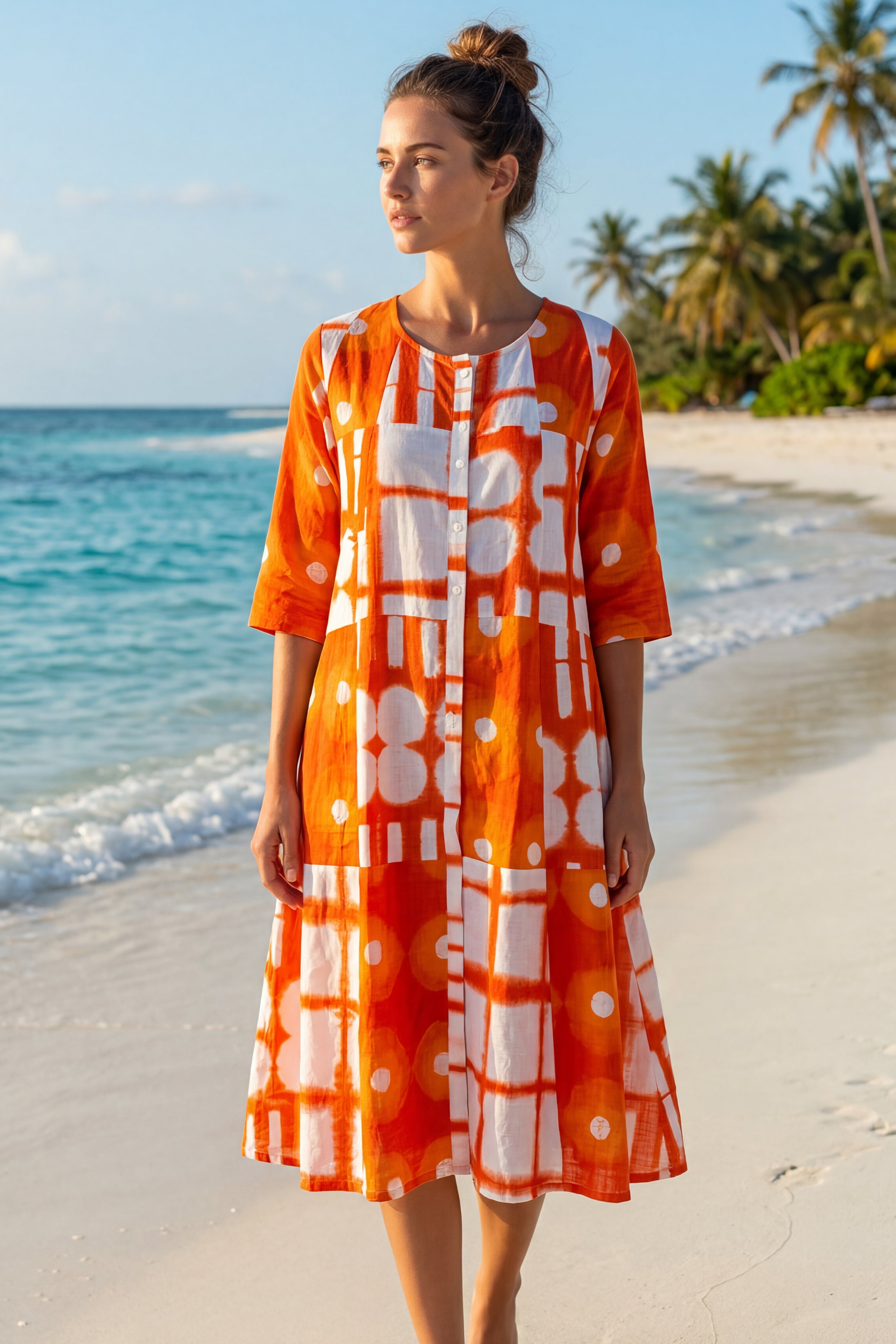 Orange Geometric Print Cotton Midi Dress