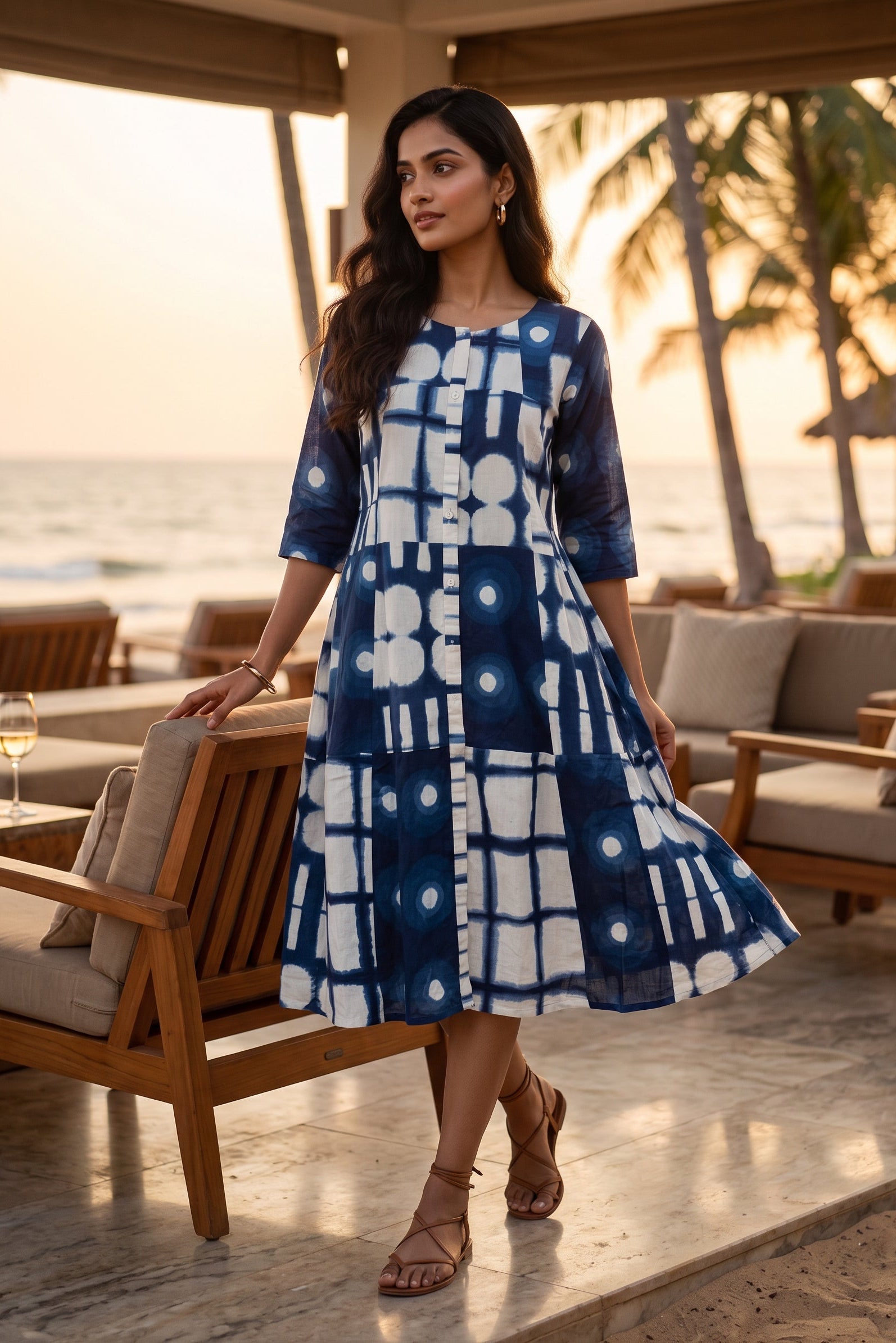 Blue Geometric Print Cotton Midi Dress