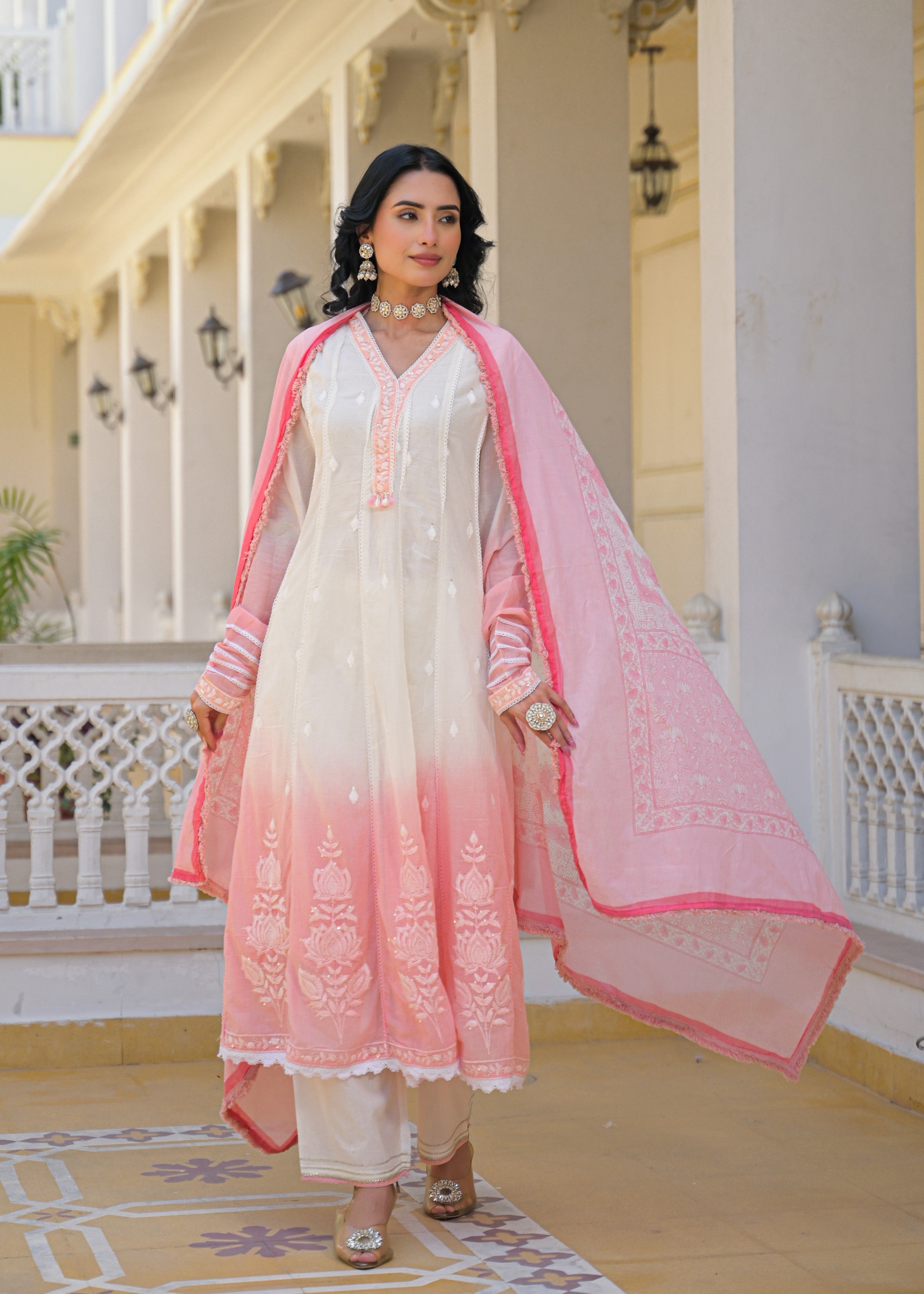 Pink Ombre Embroidered Mul Cotton Anarkali Set