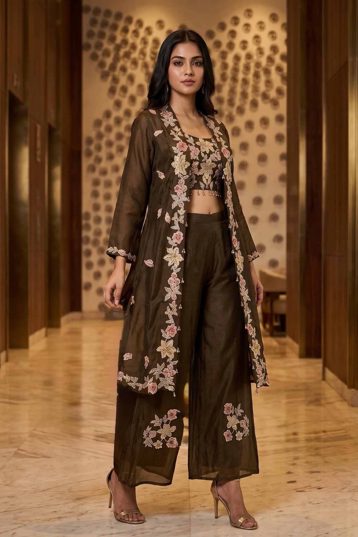 Espresso Bloom Embellished Organza Silk Jacket Set