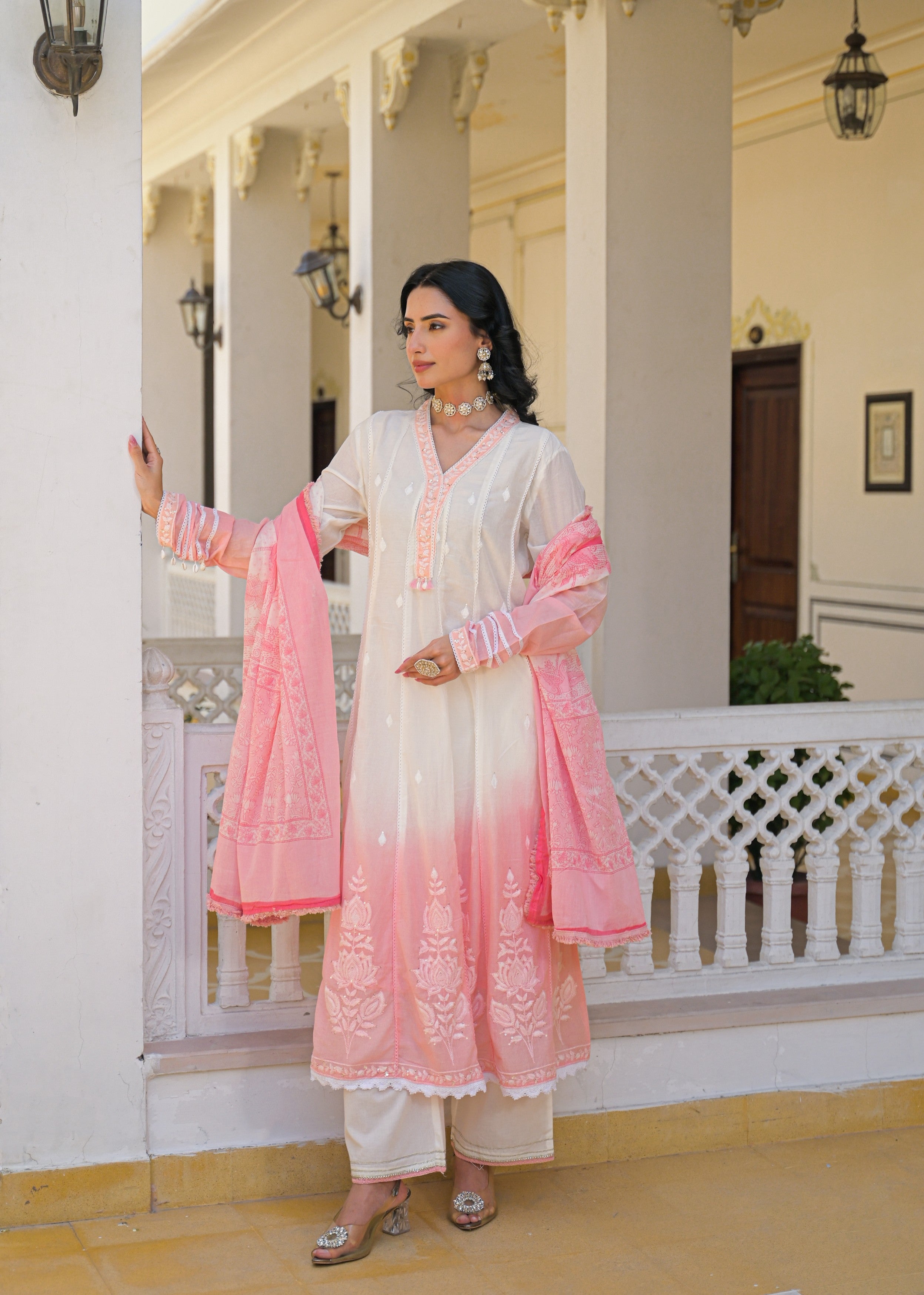 Pink Ombre Embroidered Mul Cotton Anarkali Set
