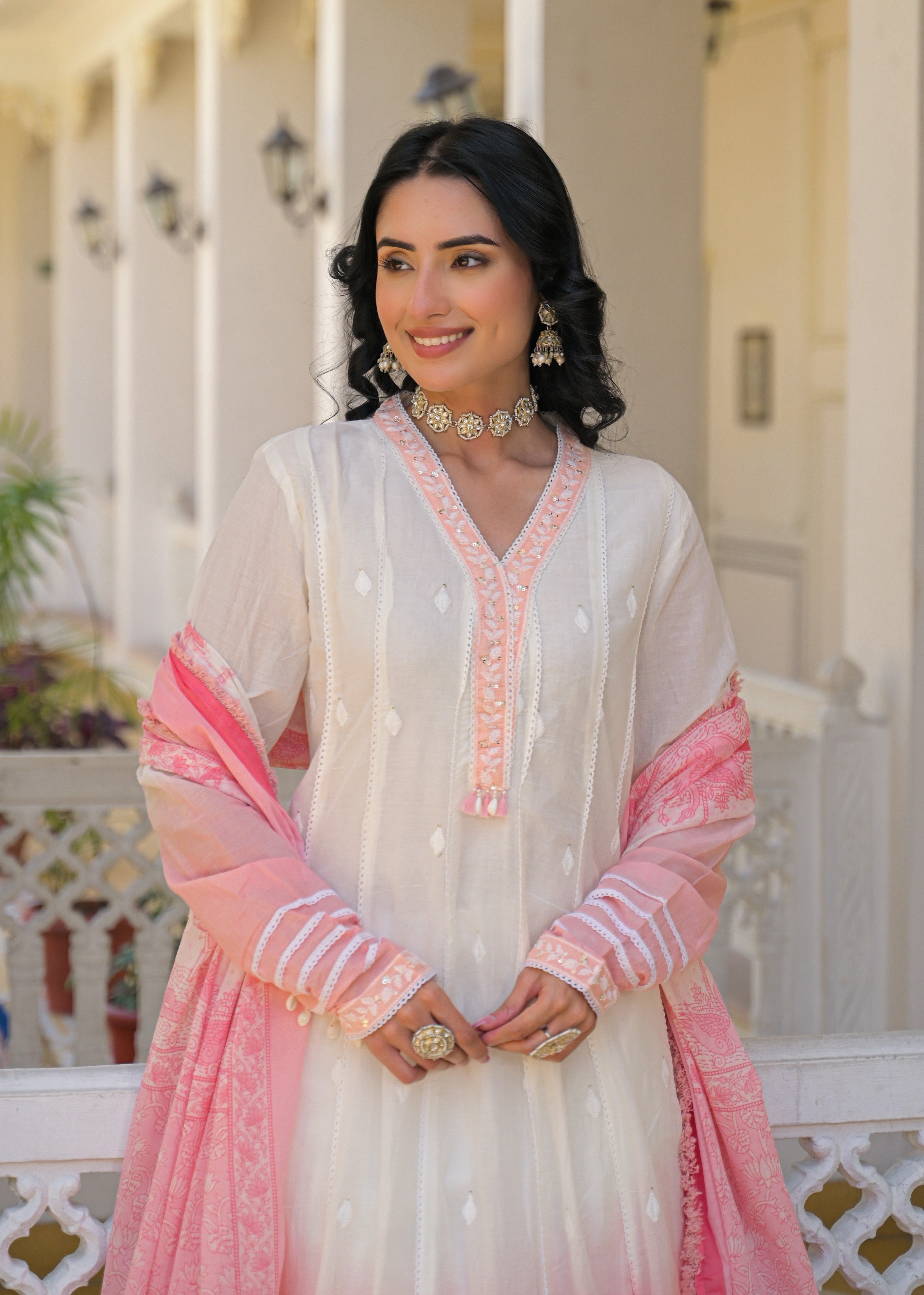 Pink Ombre Embroidered Mul Cotton Anarkali Set