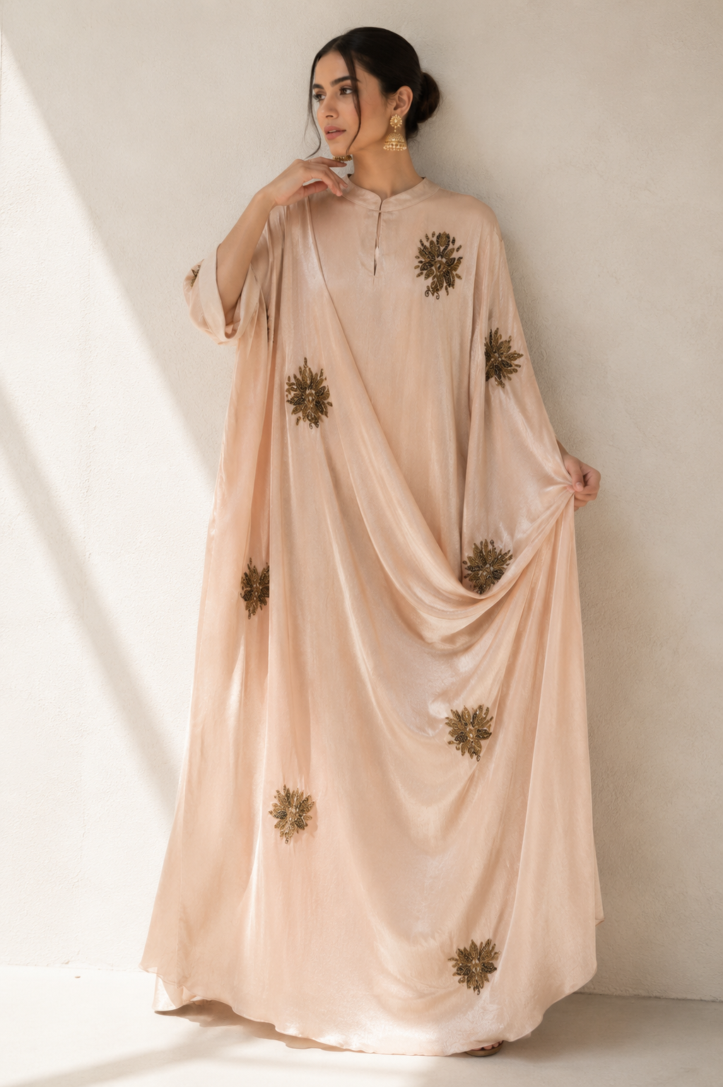 Cream Gold Embellished Shimmer Silk Kaftan Gown