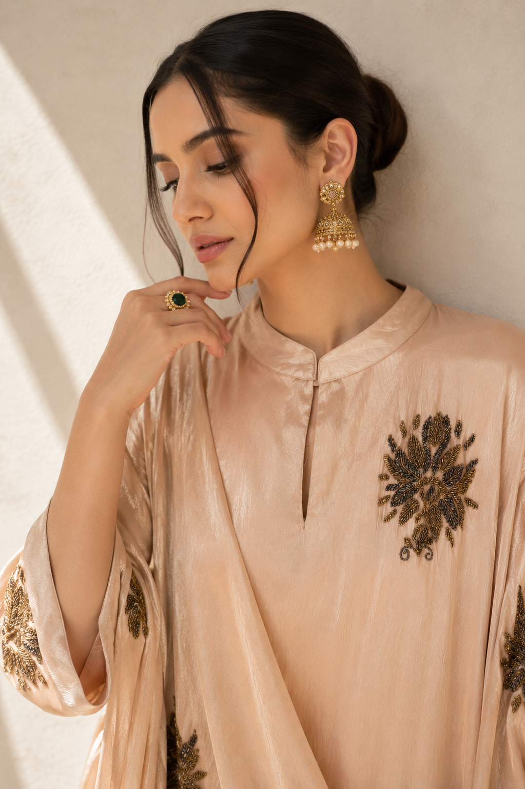 Cream Gold Embellished Shimmer Silk Kaftan Gown