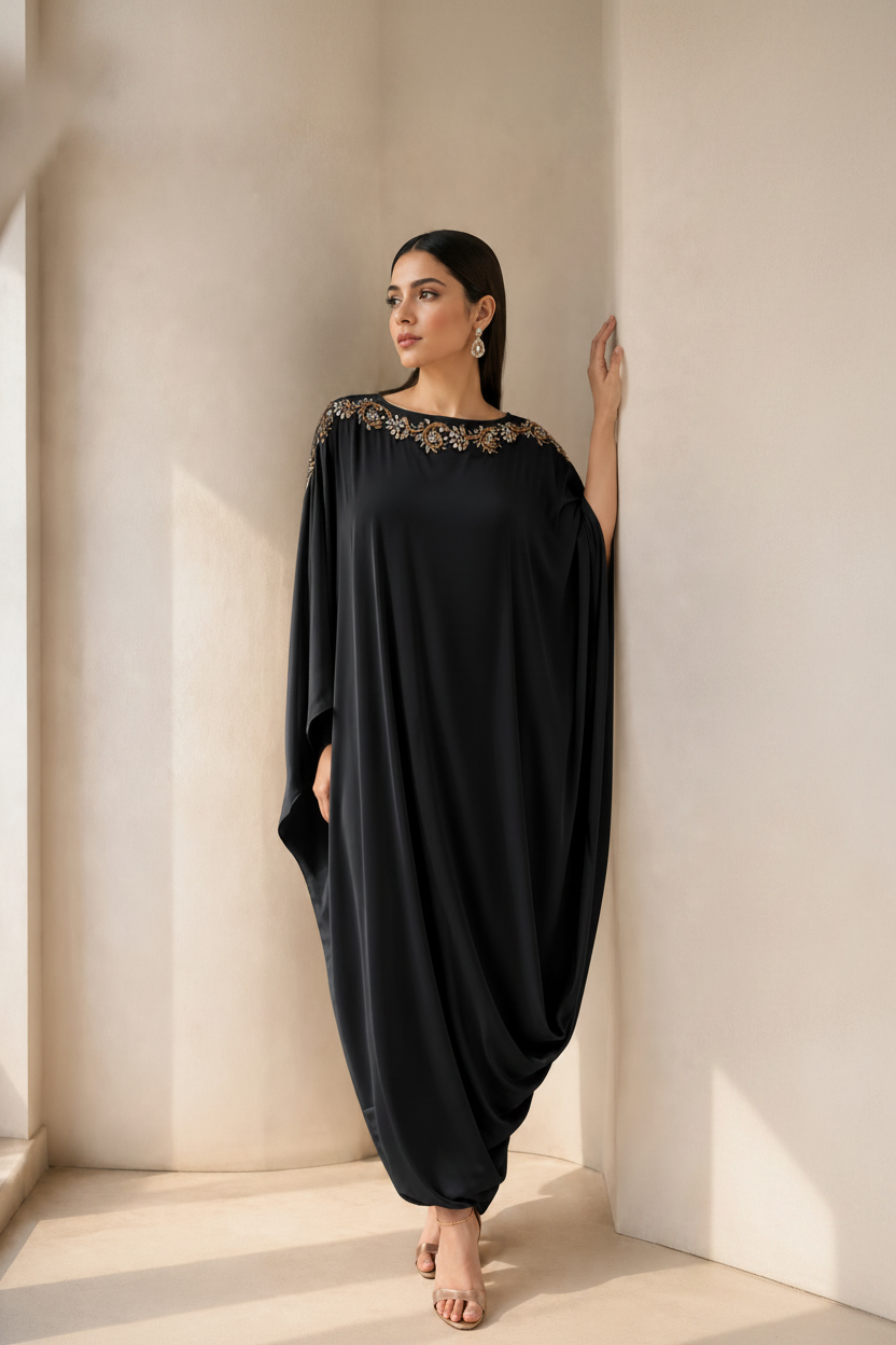 Midnight Black Embellished Satin Silk Kaftan Dress