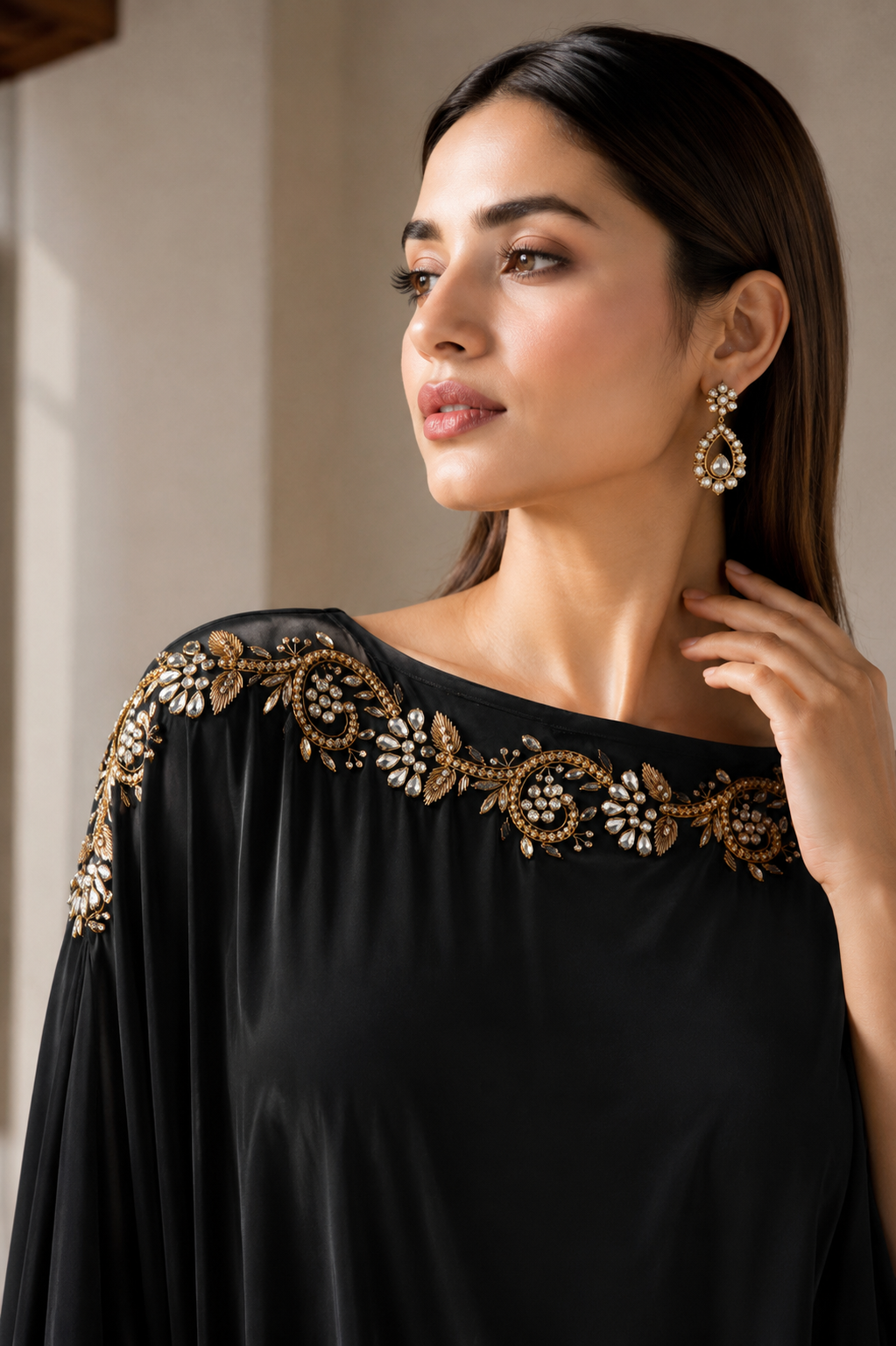 Midnight Black Embellished Satin Silk Kaftan Dress
