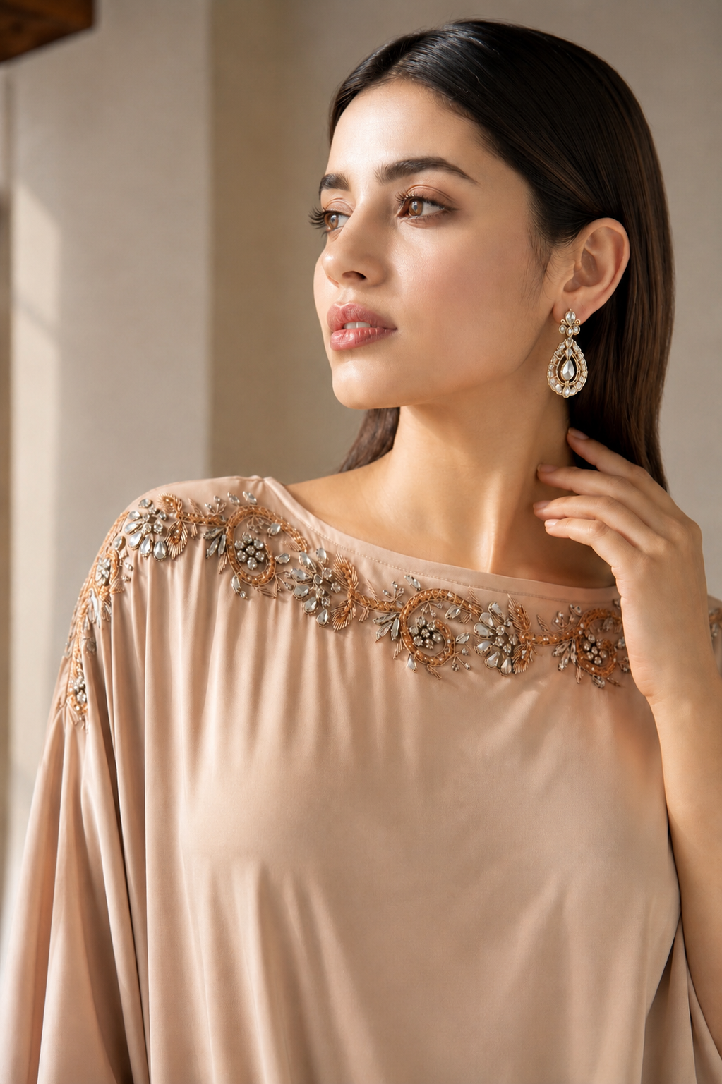 Champagne Embellished Satin Silk Kaftan Dress