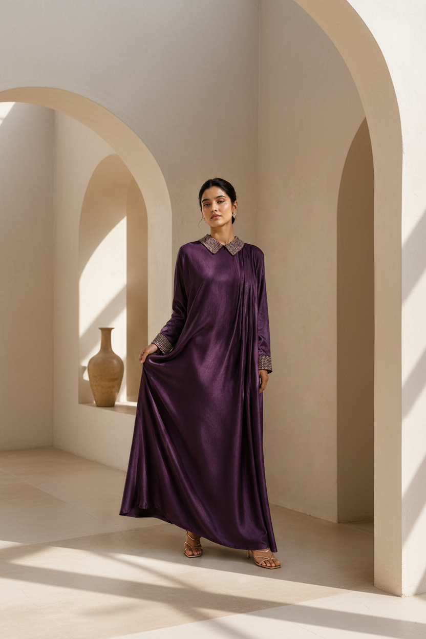 Deep Plum Embellished Lattice Draped Gown