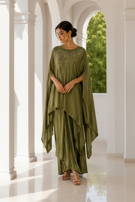 Olive Gold Embellished Crushed Tissue Kaftan Skirt Set