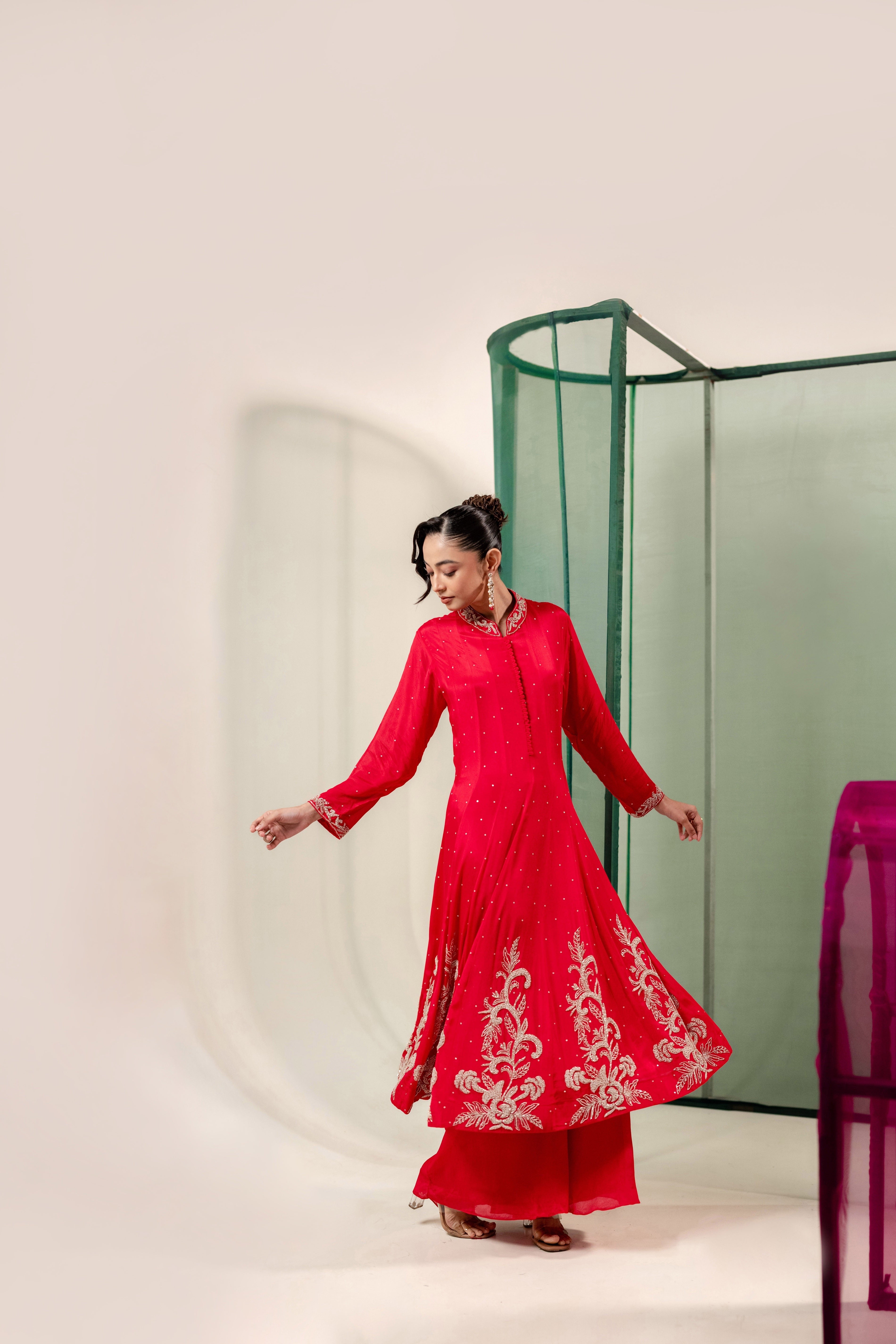 Scarlet Red Embellished Chinon Silk Anarkali Set