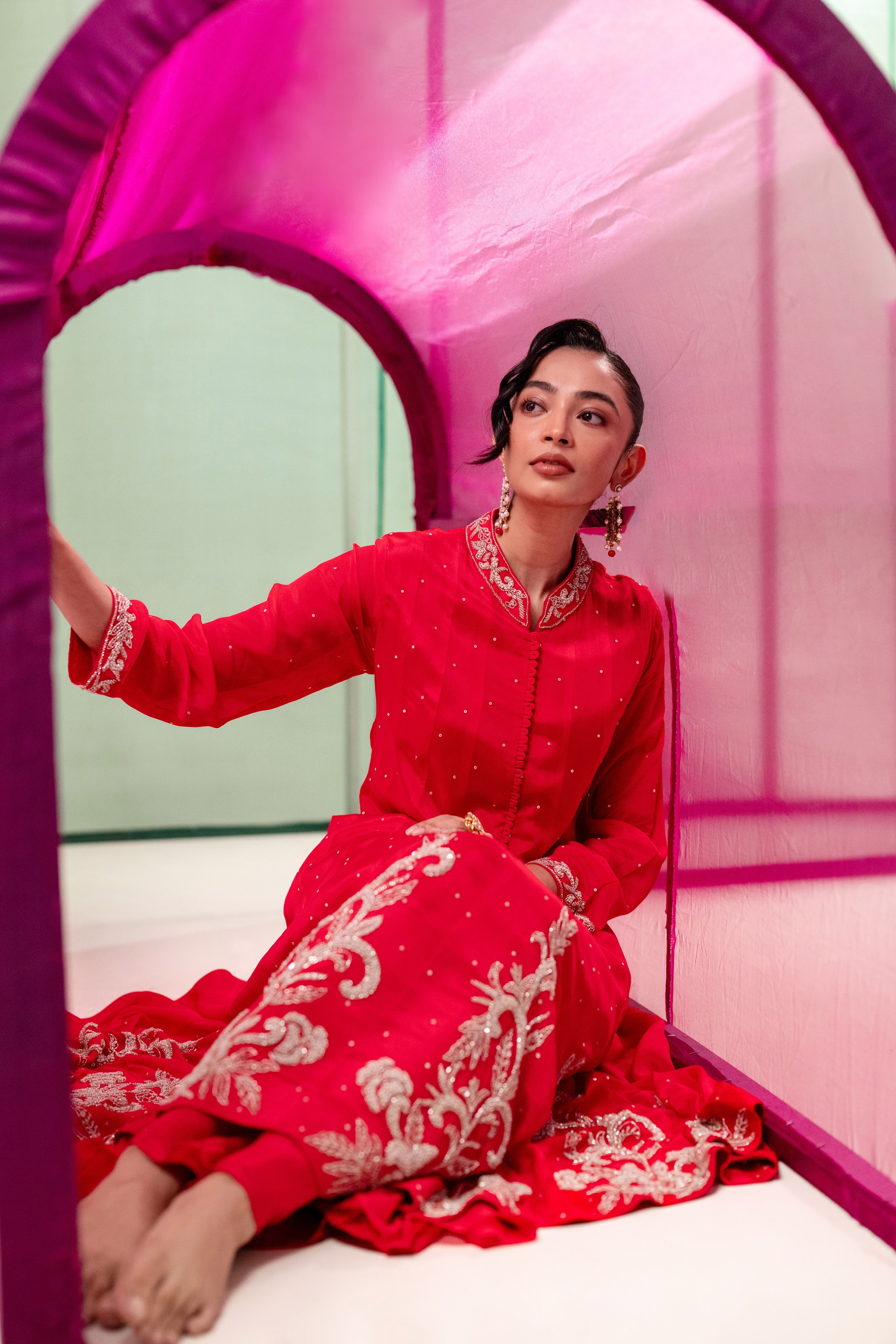 Scarlet Red Embellished Chinon Silk Anarkali Set