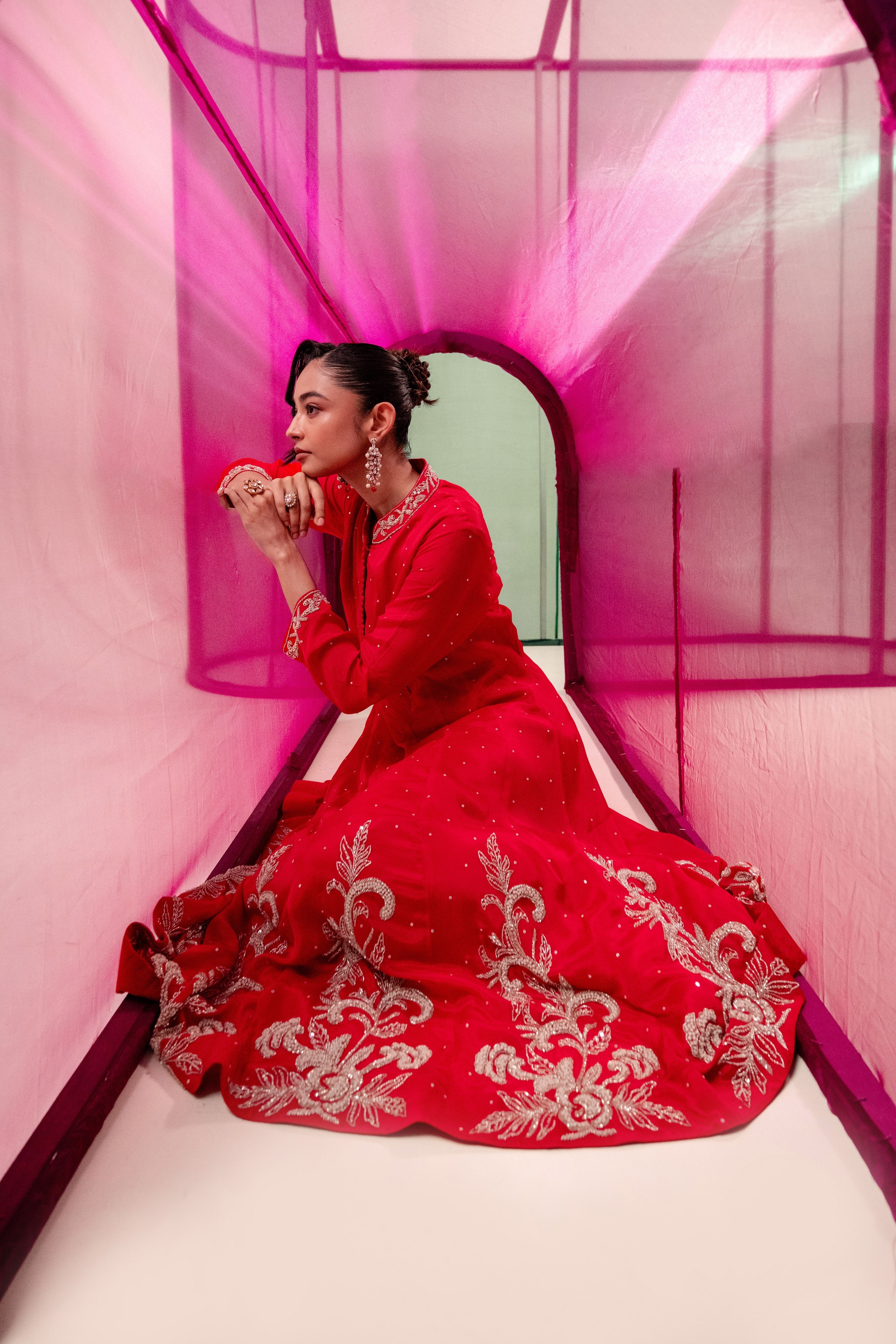Scarlet Red Embellished Chinon Silk Anarkali Set