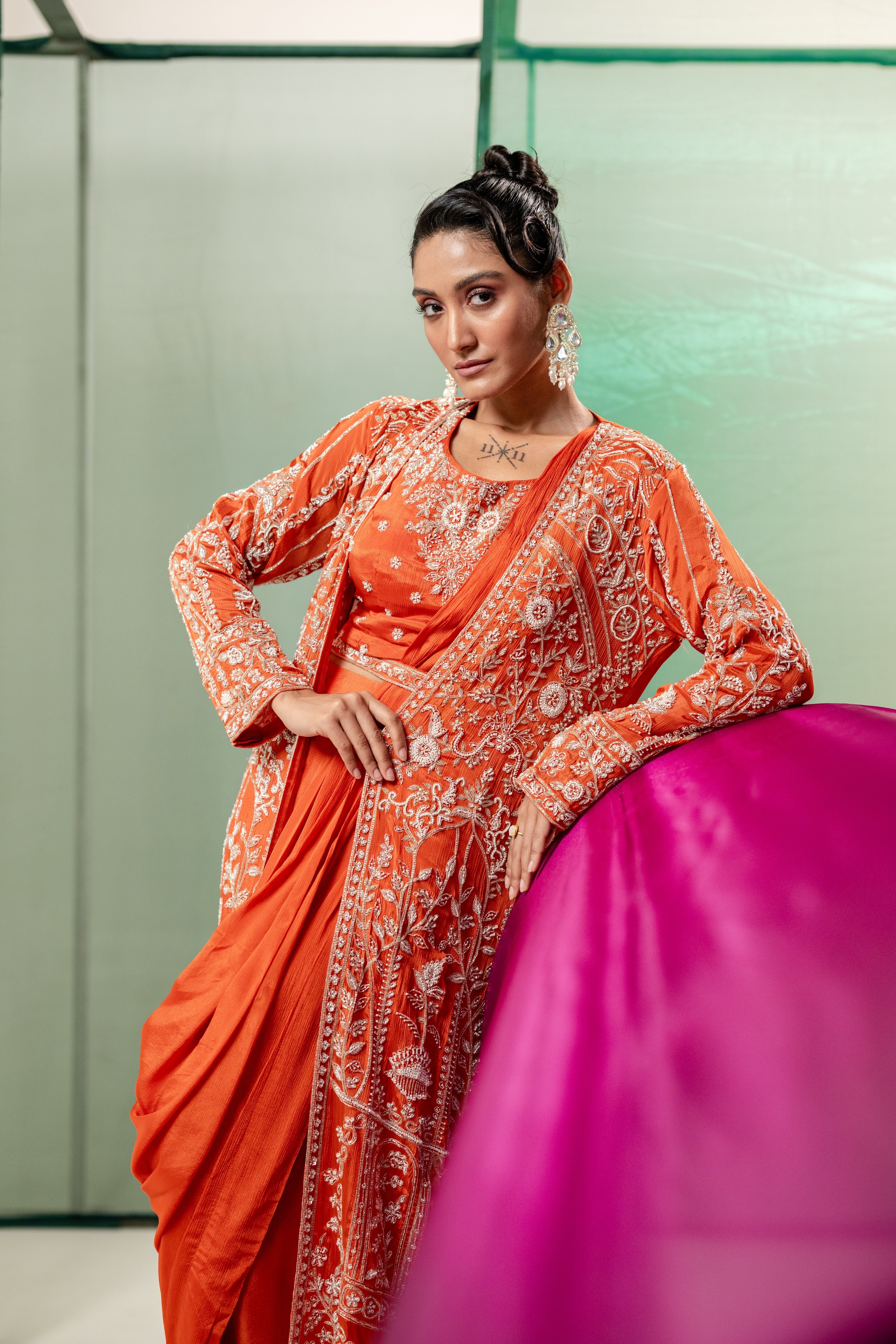 Bright Orange Embellished Chinon Silk Long Shrug