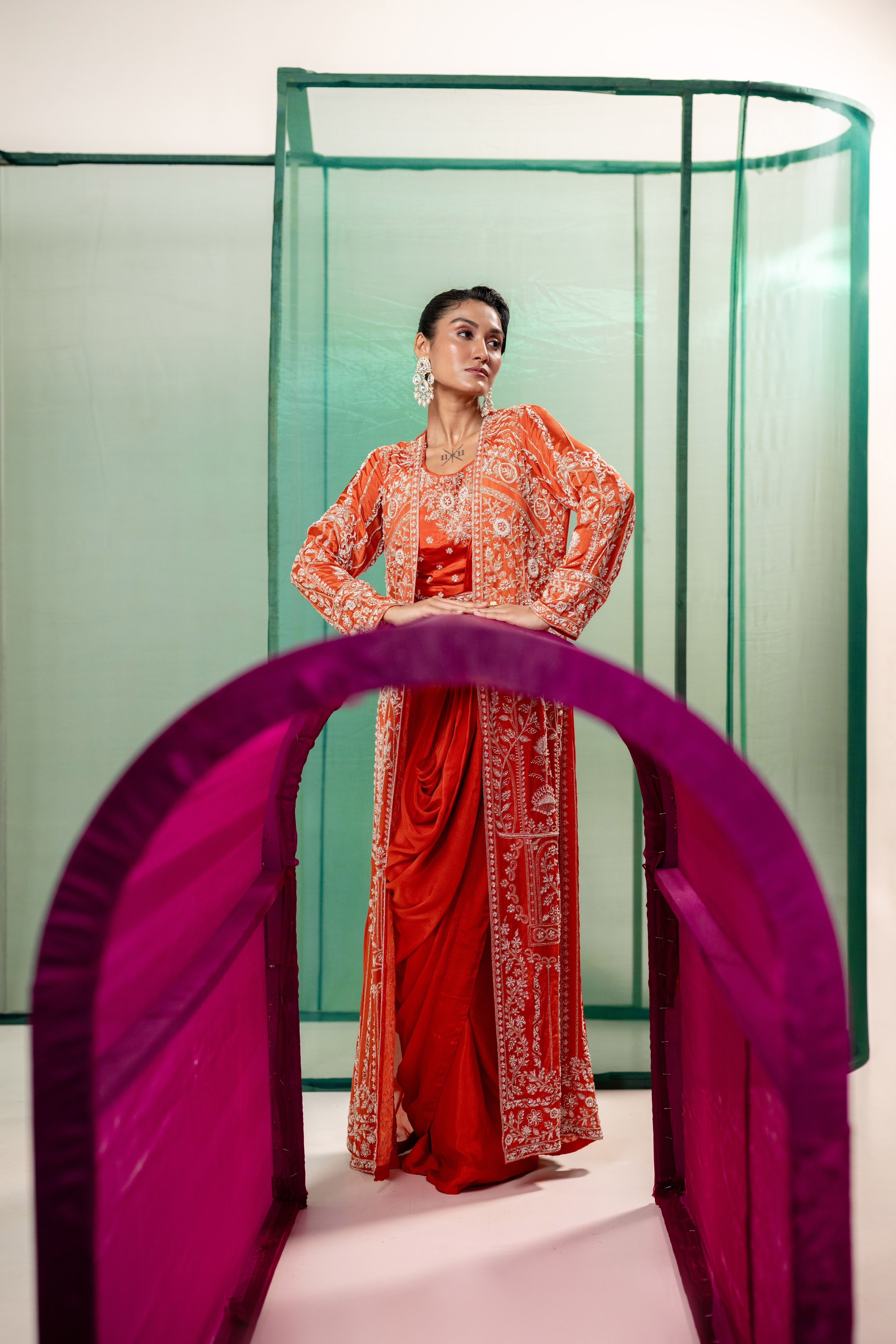Bright Orange Embellished Chinon Silk Long Shrug