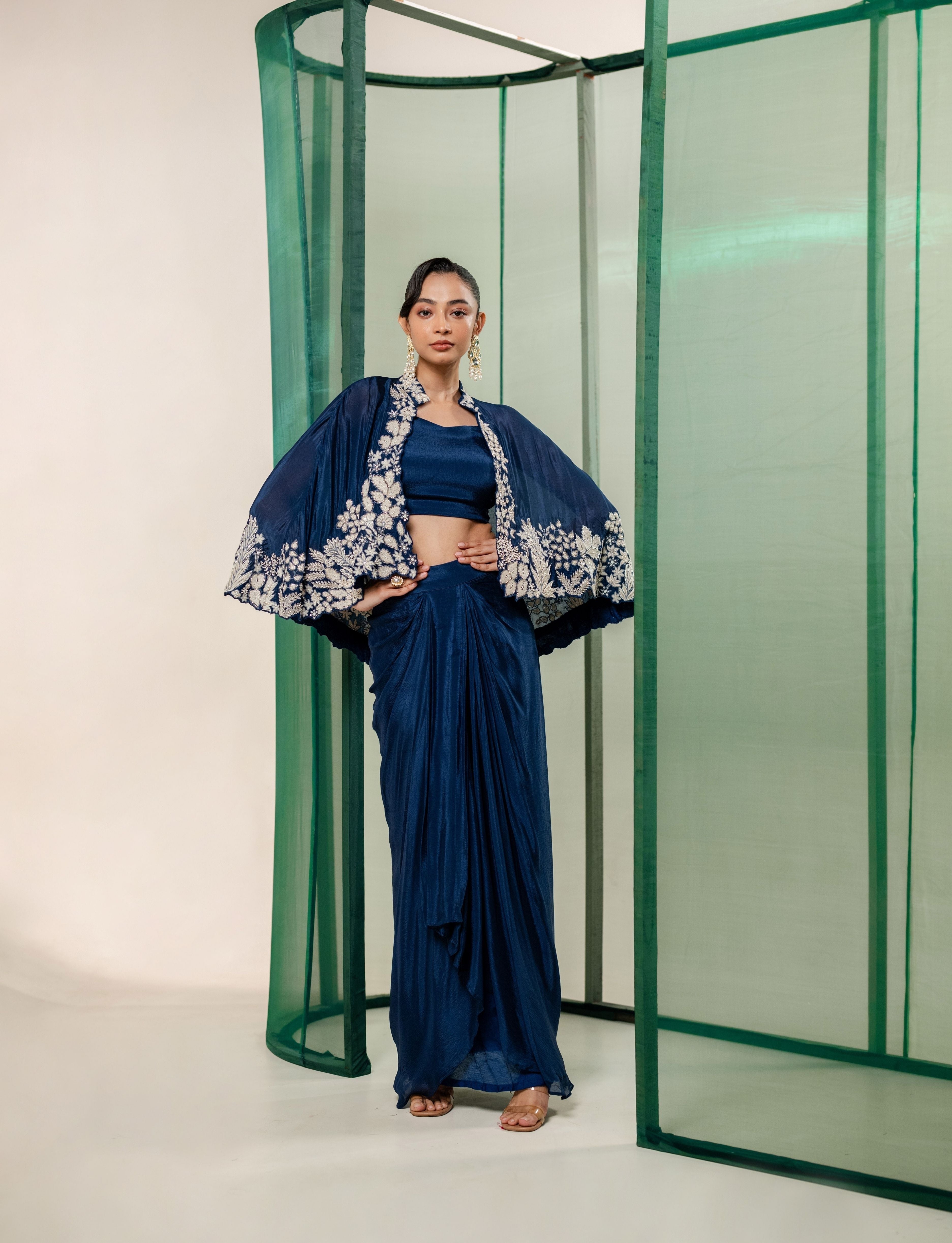 Deep Blue Embellished Crepe Silk Cape Set