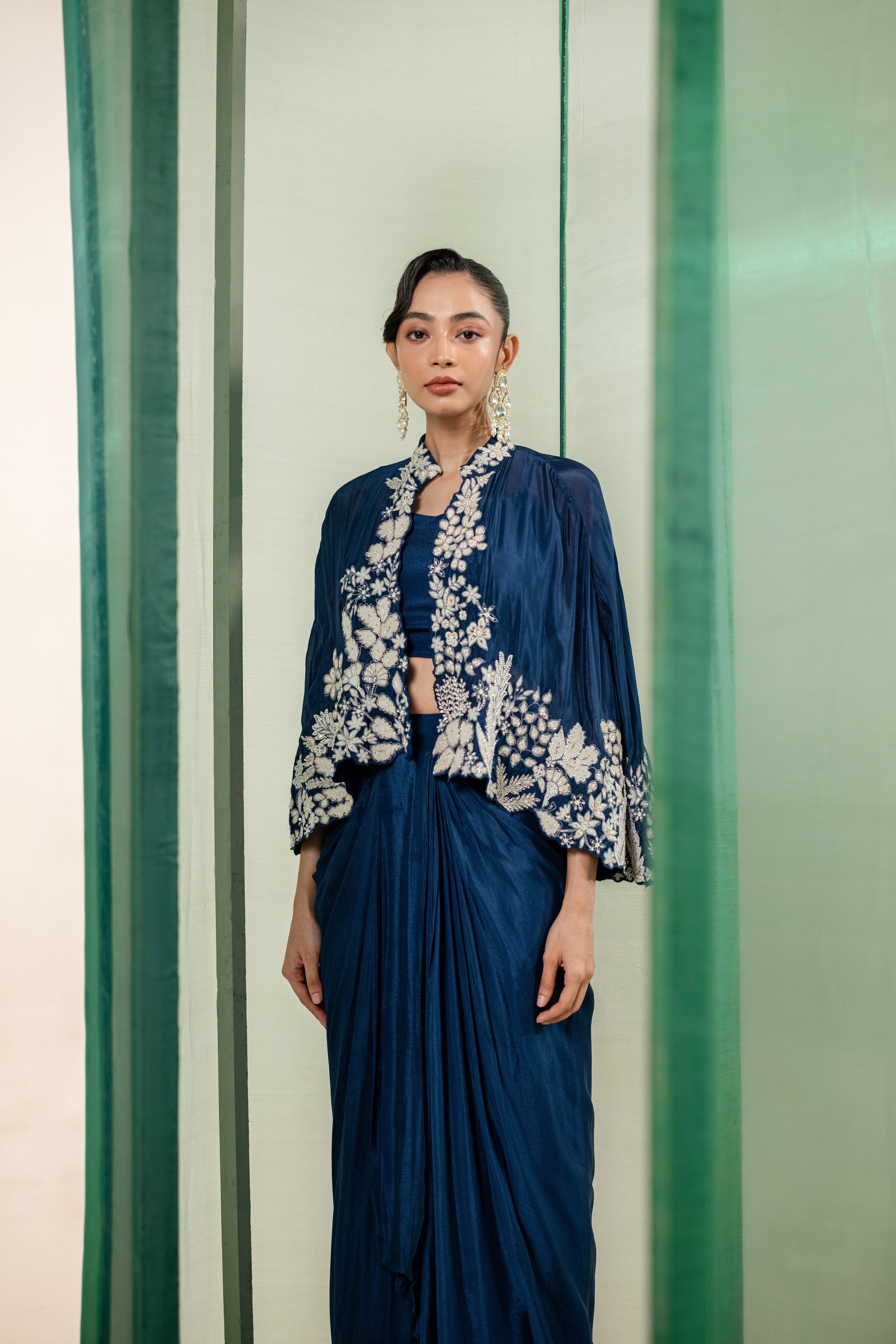 Deep Blue Embellished Crepe Silk Cape Set