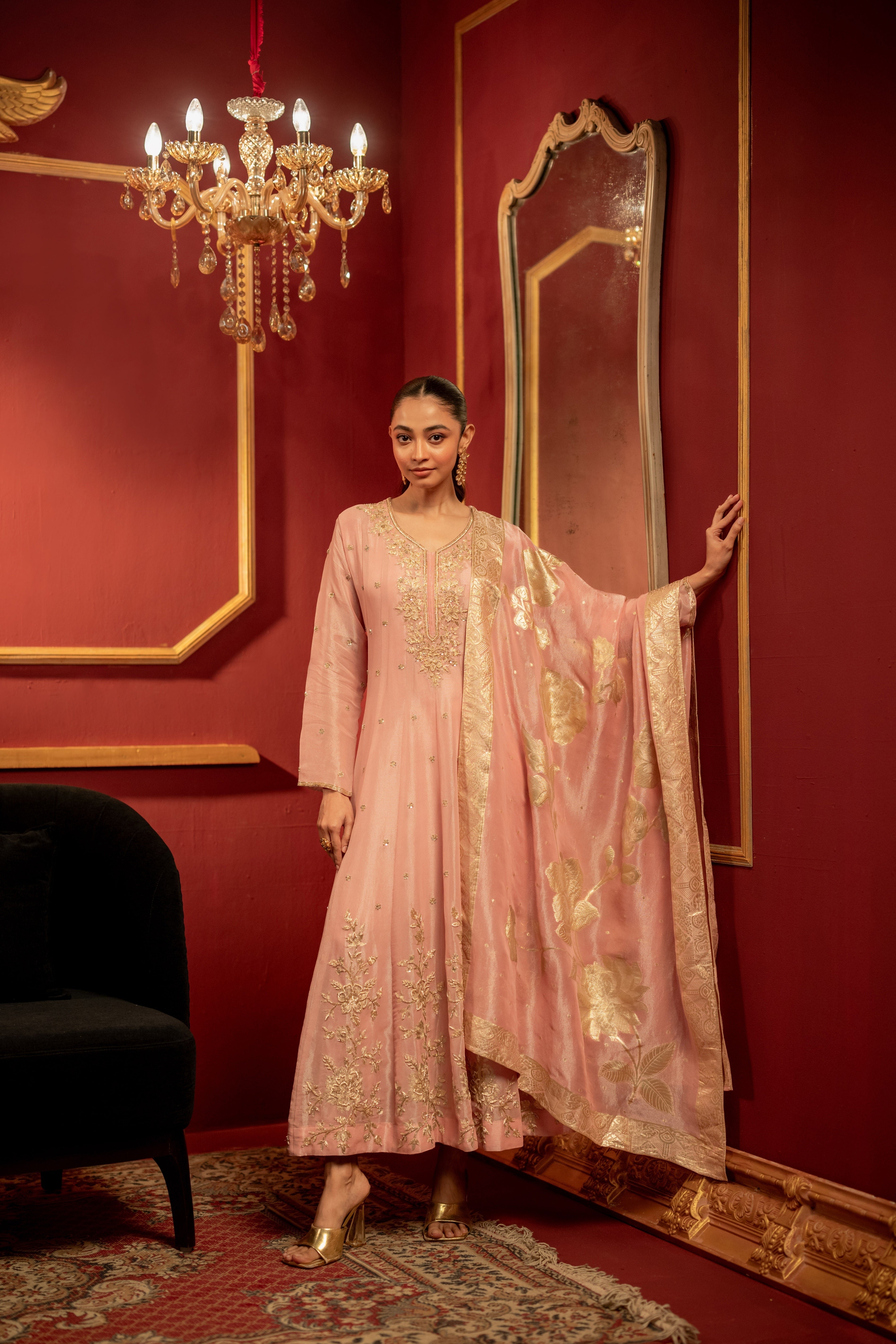Pale Pink Embellished Shimmer Tissue Silk Anarkali Set