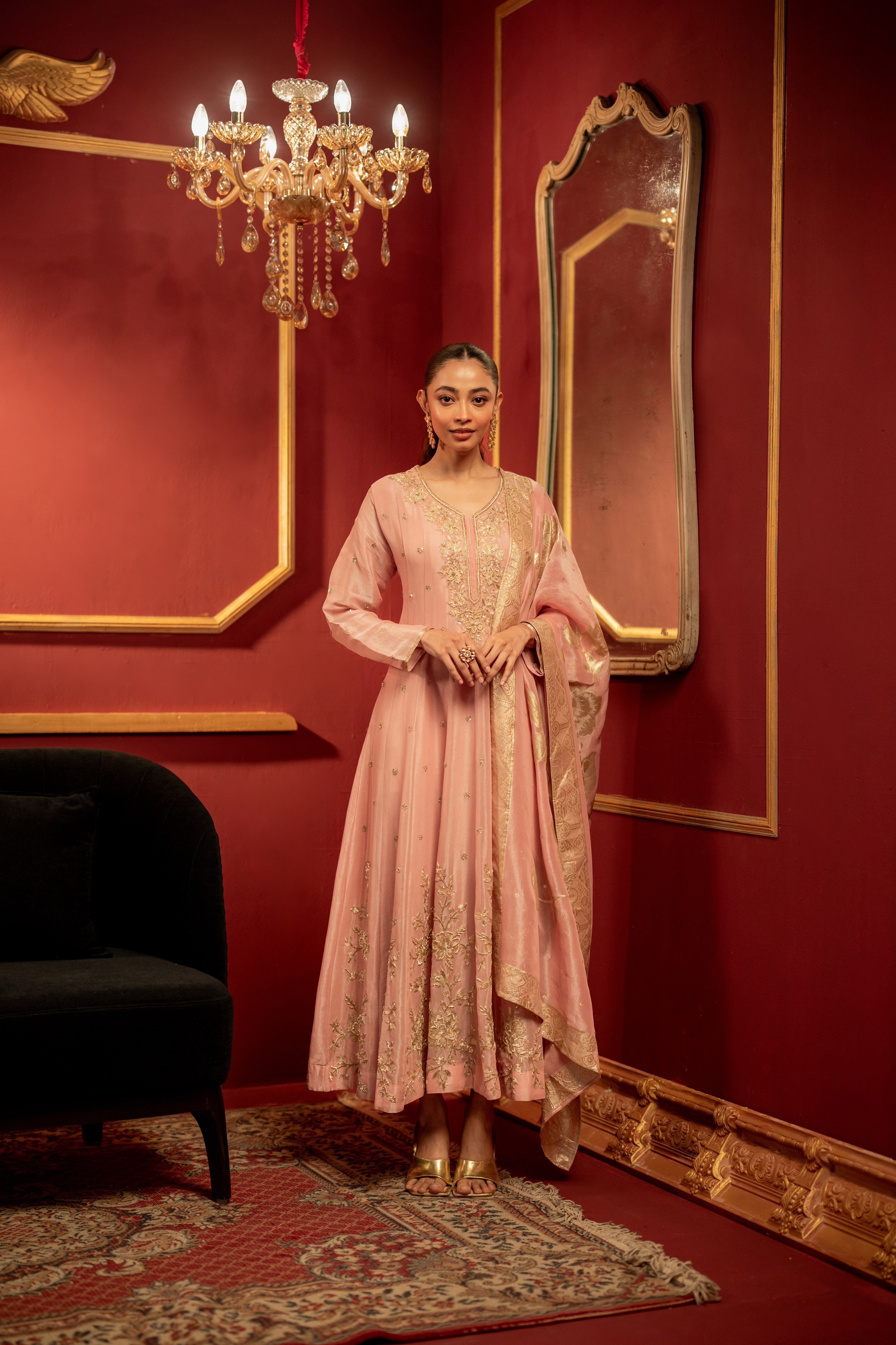 Pale Pink Embellished Shimmer Tissue Silk Anarkali Set