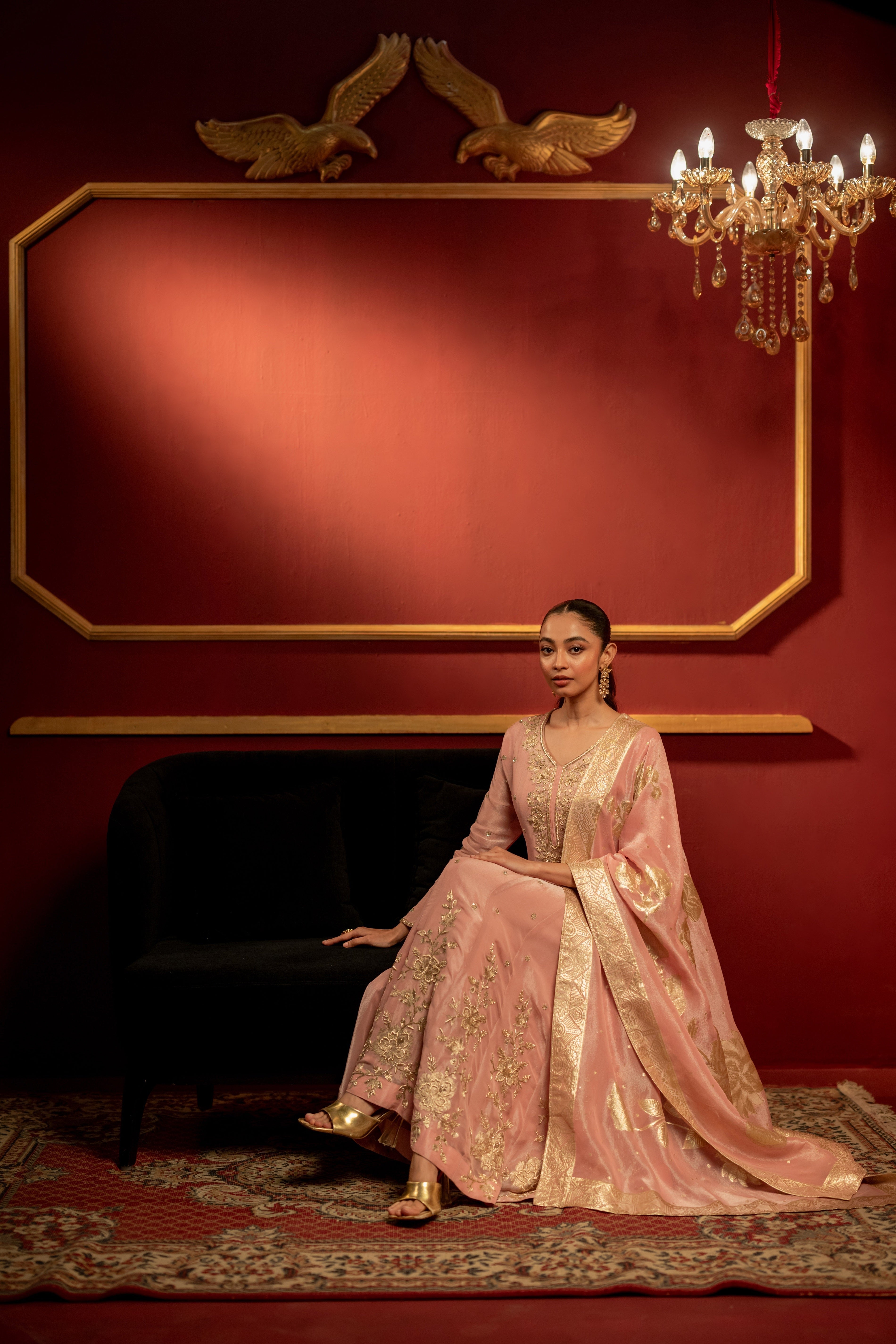 Pale Pink Embellished Shimmer Tissue Silk Anarkali Set