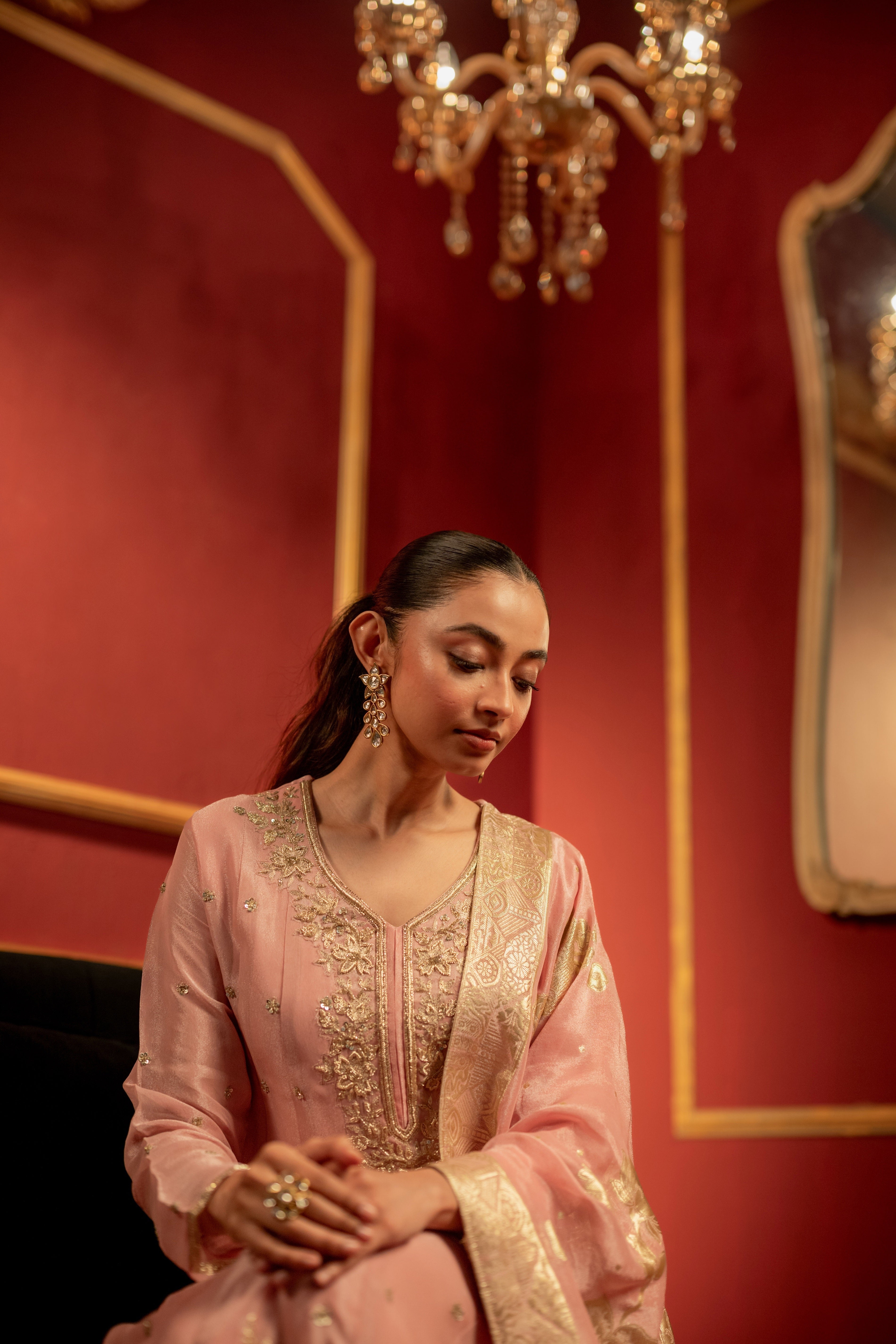 Pale Pink Embellished Shimmer Tissue Silk Anarkali Set