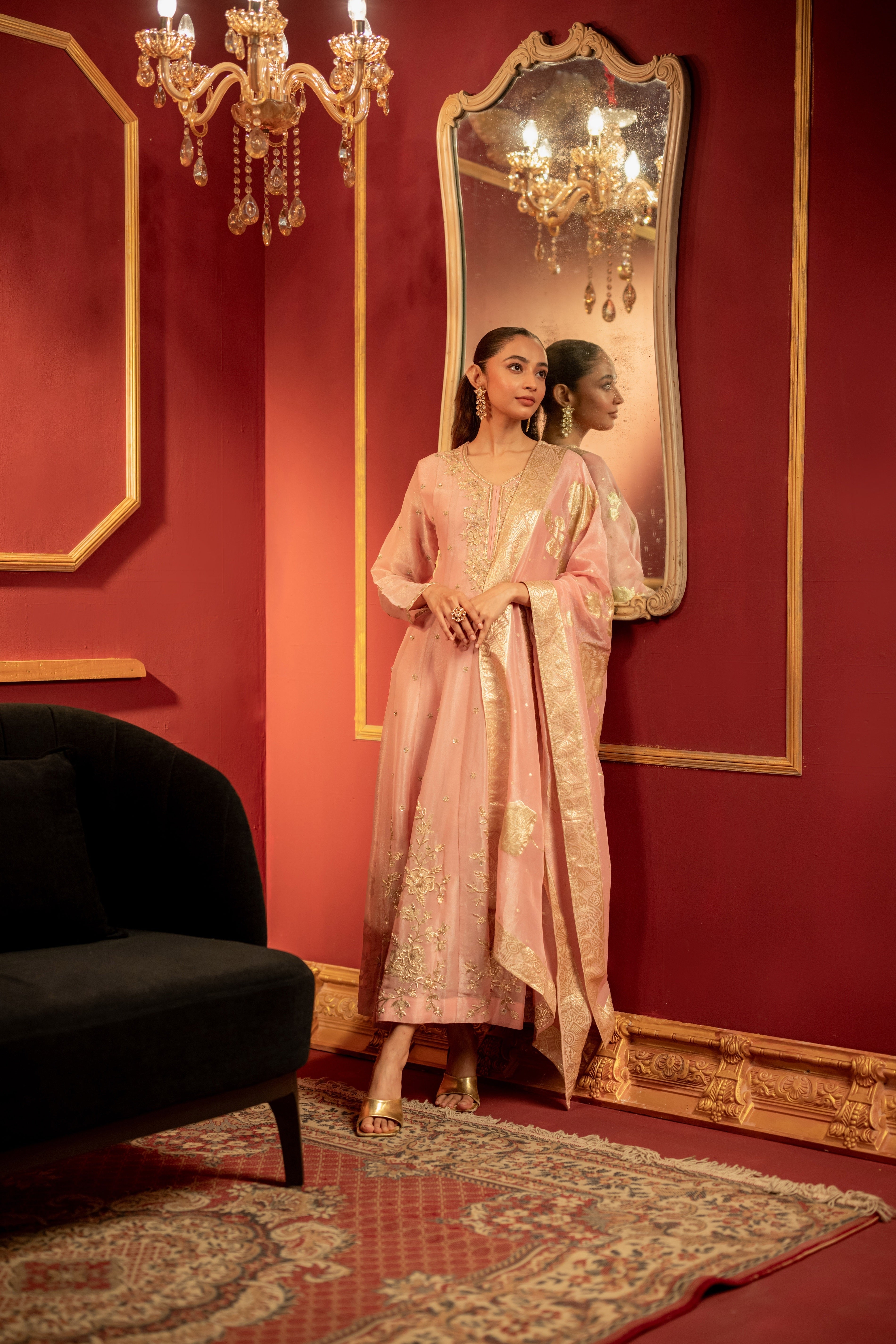 Pale Pink Embellished Shimmer Tissue Silk Anarkali Set