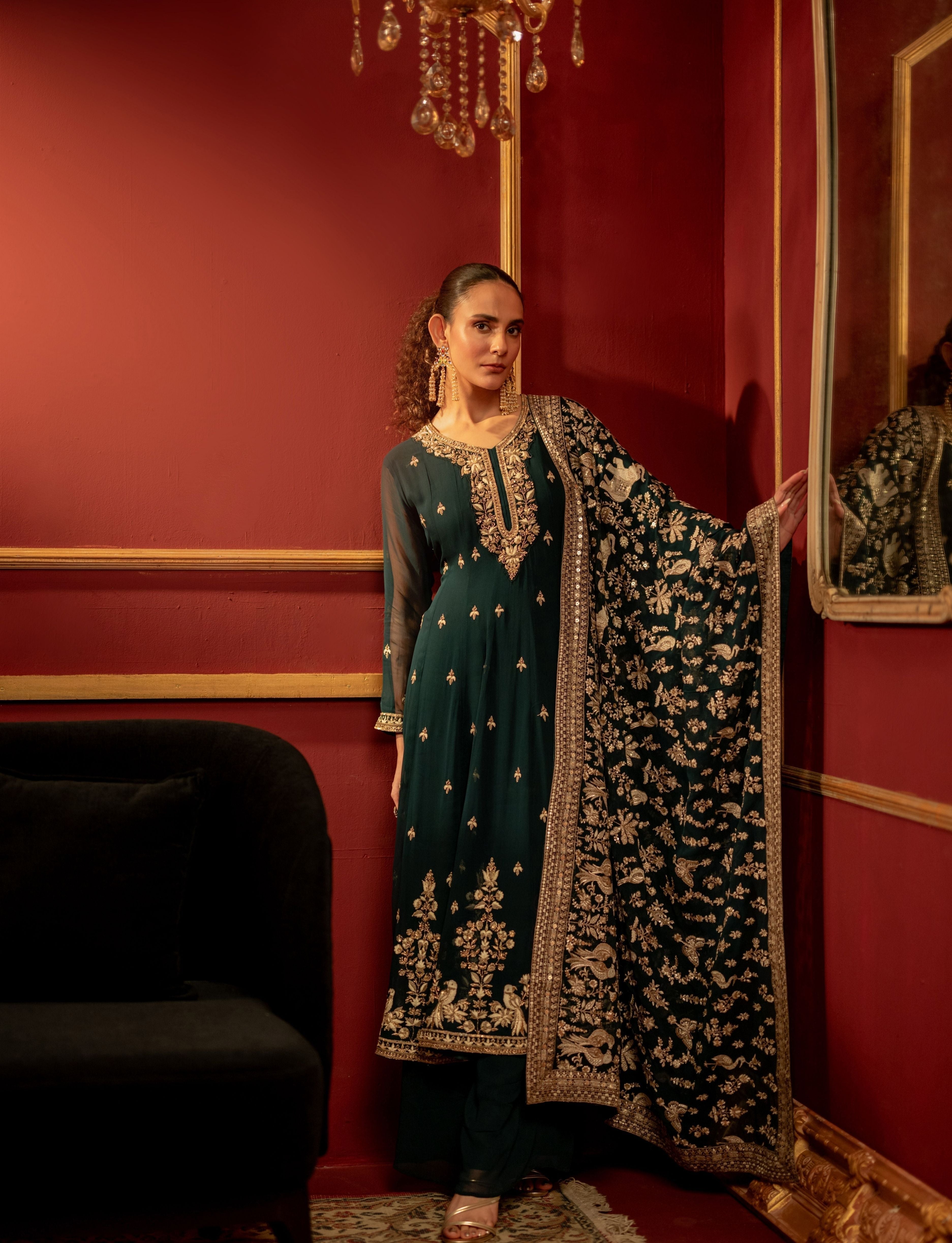 Bottle Green Embellished Chinon Silk Anarkali Set