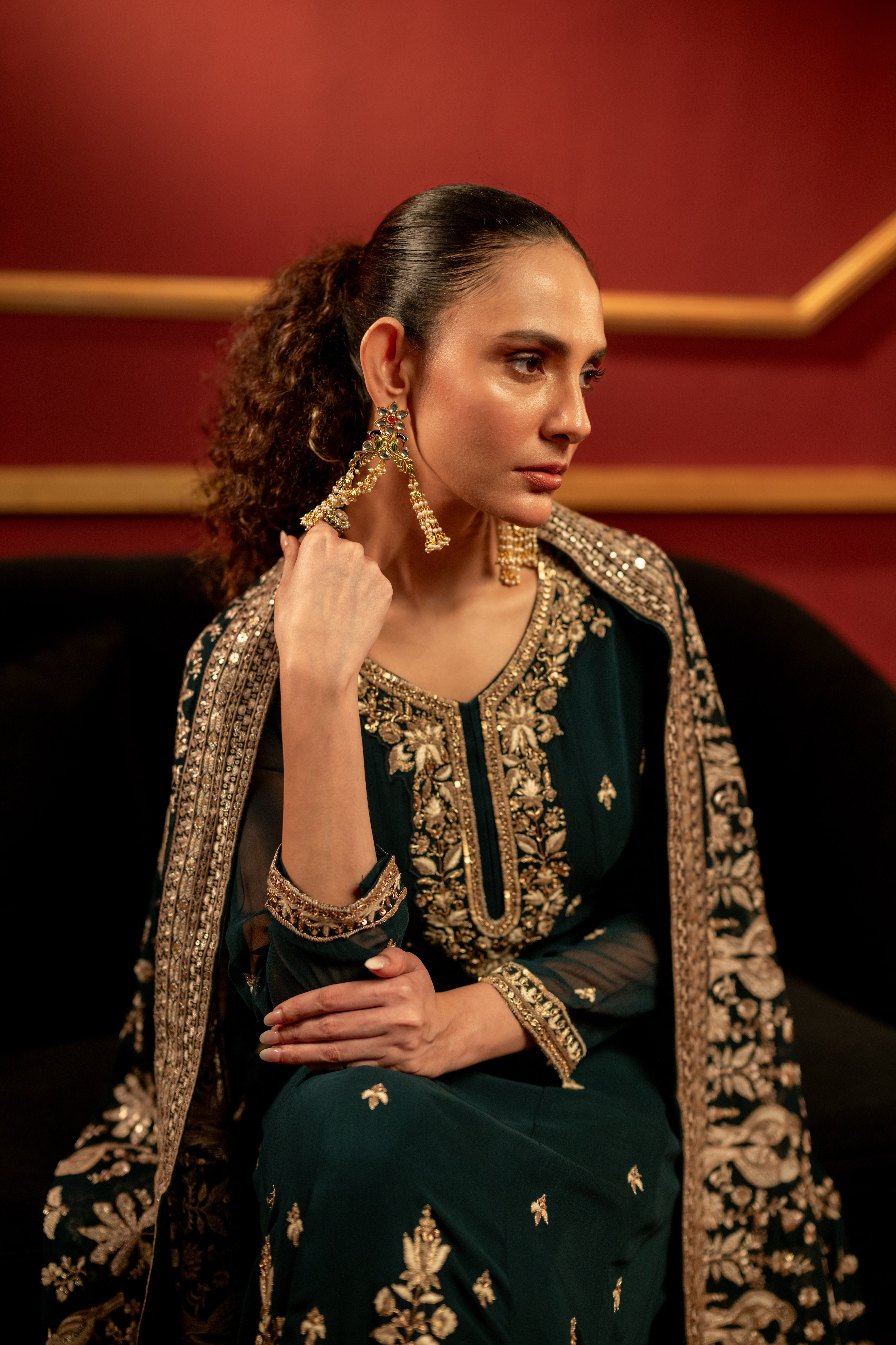 Bottle Green Embellished Chinon Silk Anarkali Set