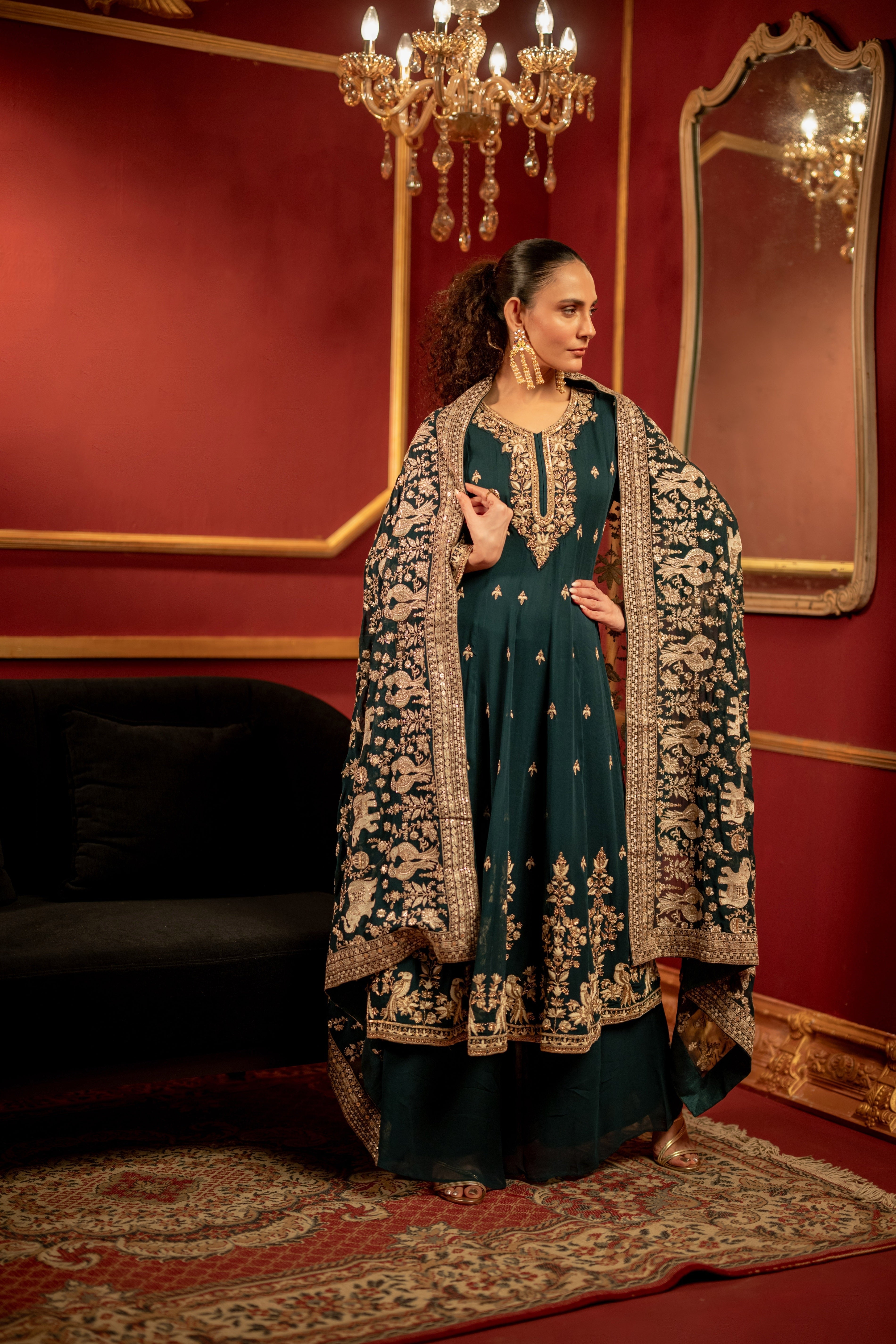 Bottle Green Embellished Chinon Silk Anarkali Set