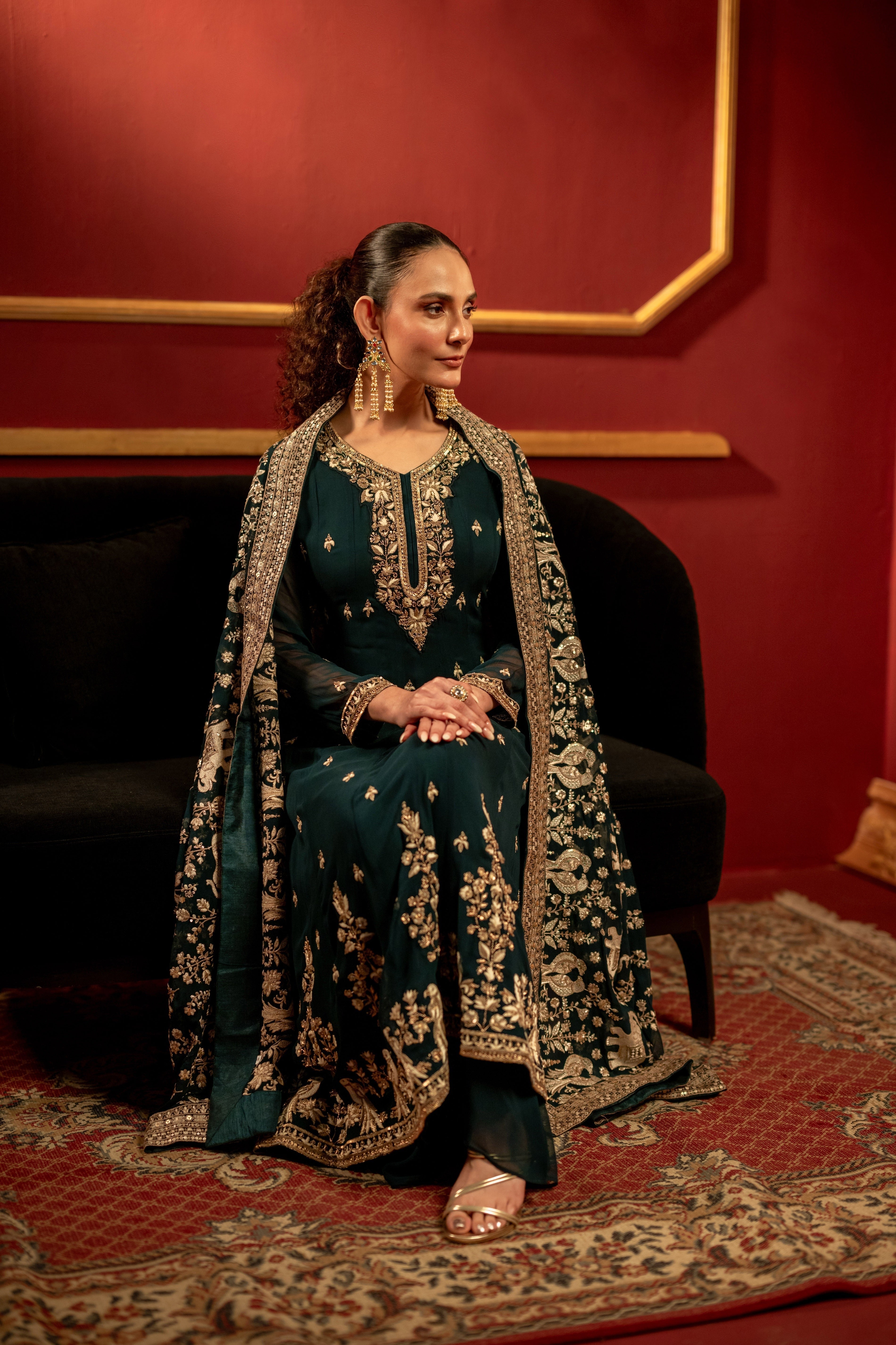 Bottle Green Embellished Chinon Silk Anarkali Set