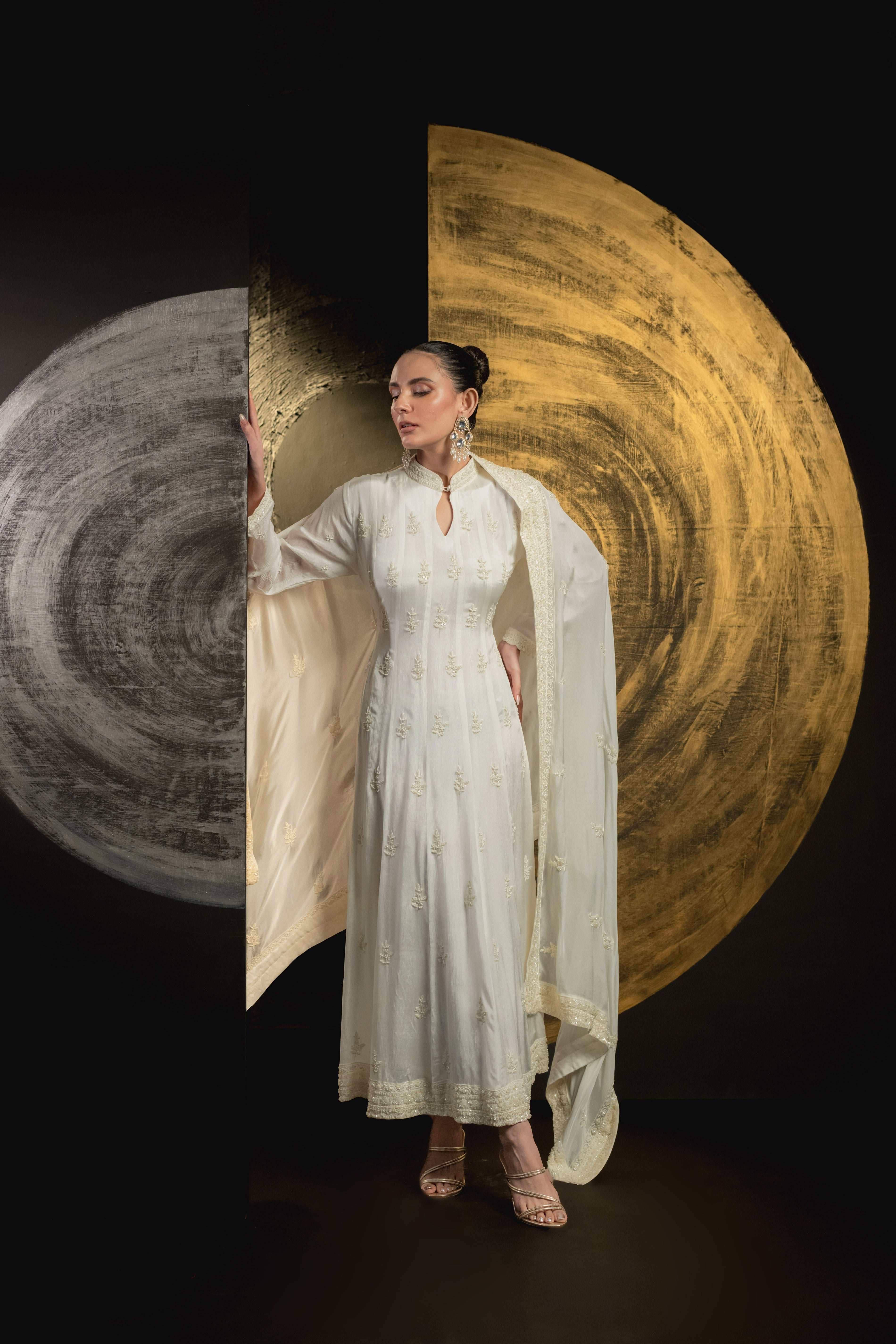 Off- White Embellished Chinon Silk Anarkali Set