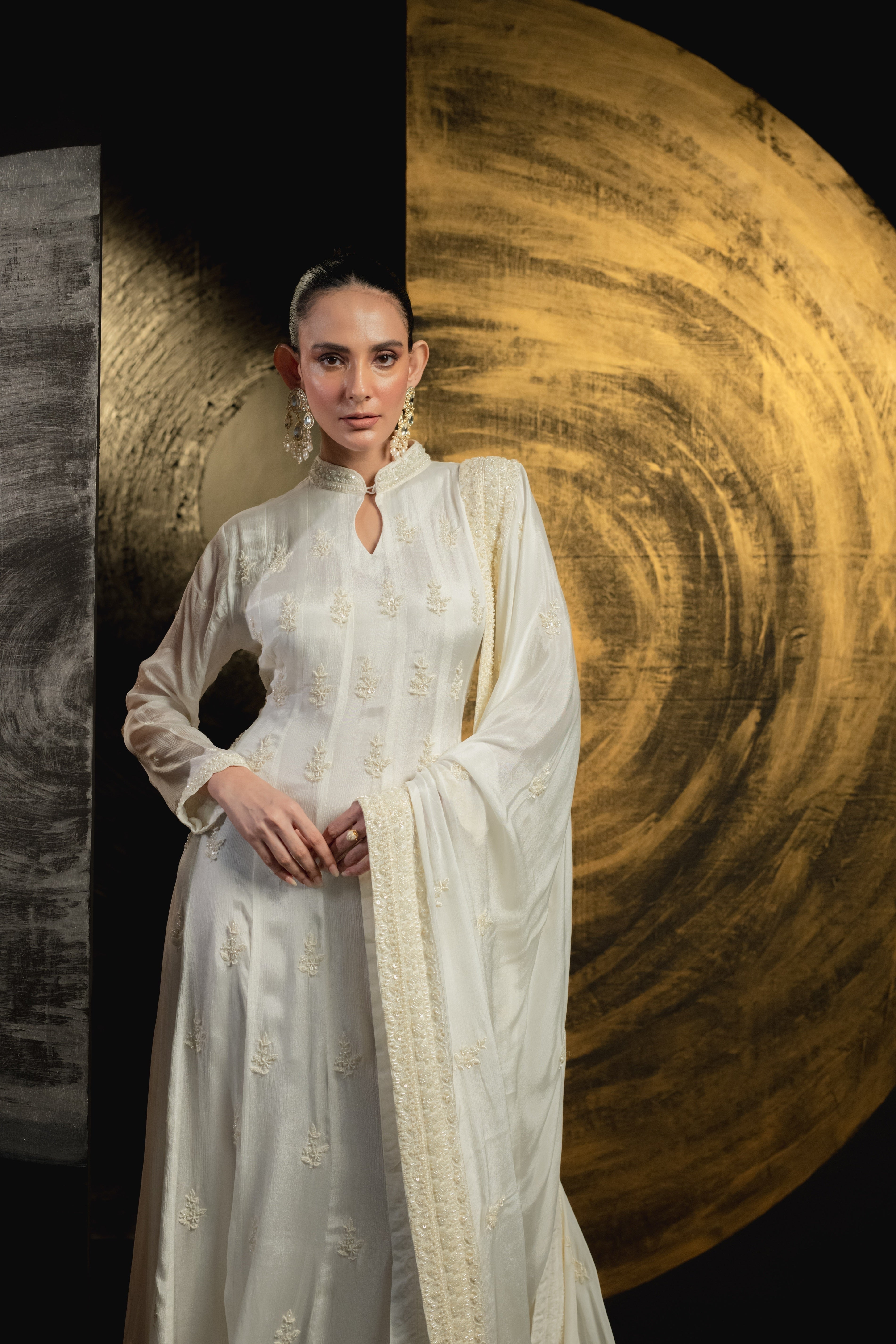 Off- White Embellished Chinon Silk Anarkali Set