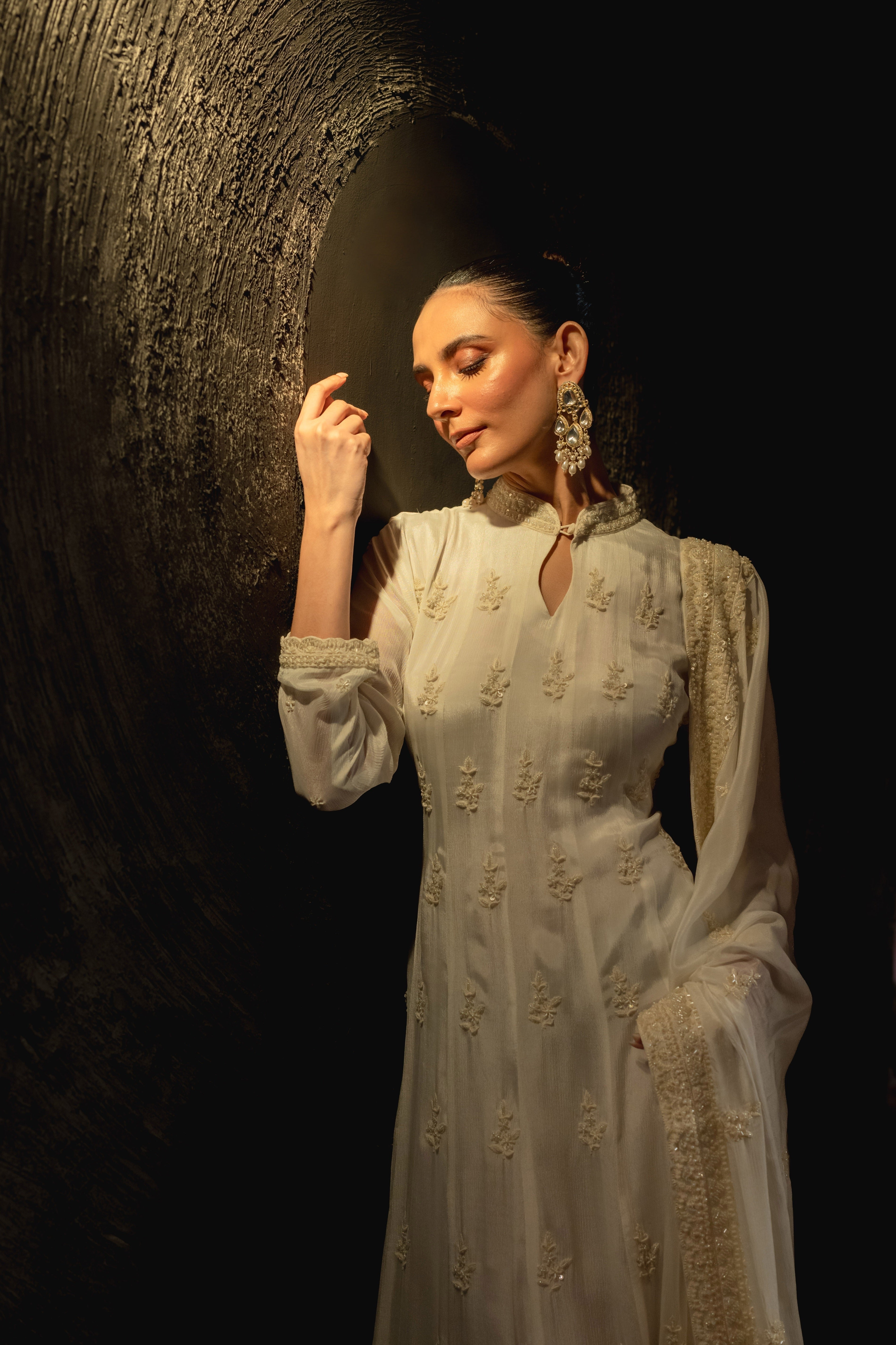 Off- White Embellished Chinon Silk Anarkali Set