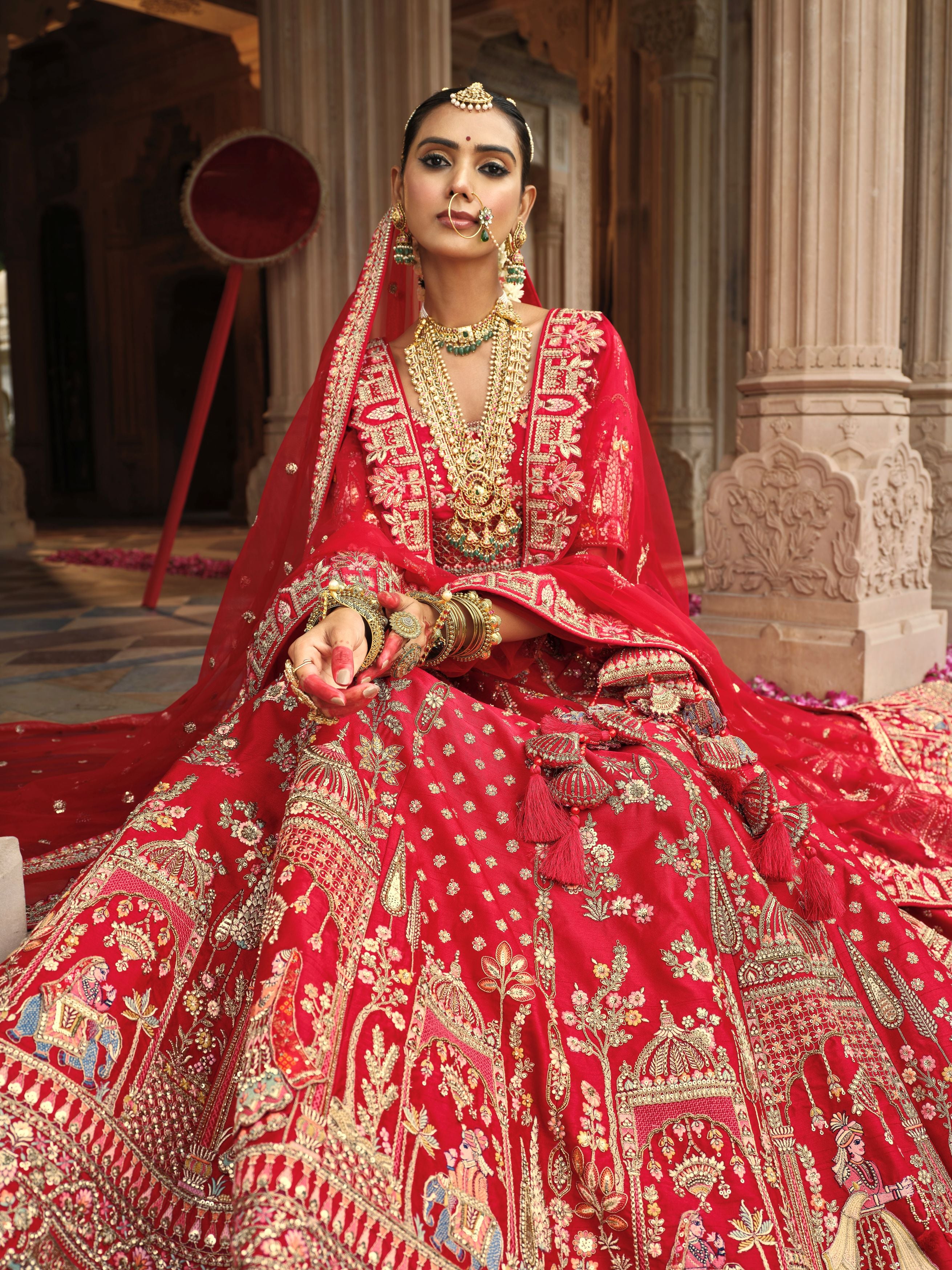 Bright Red  Embellished Premium Silk Lehenga Set