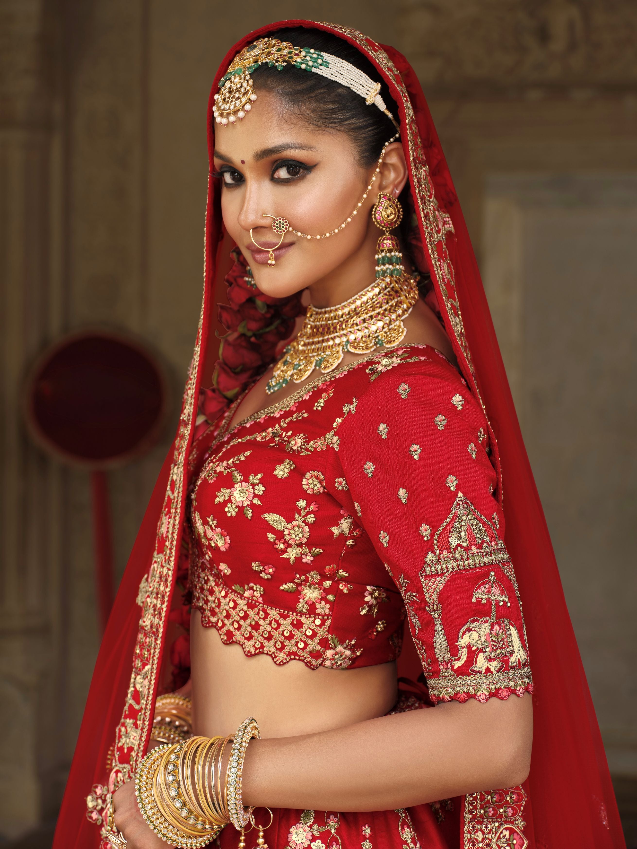 Spanish Red Embellished Premium Silk Bridal Lehenga Set