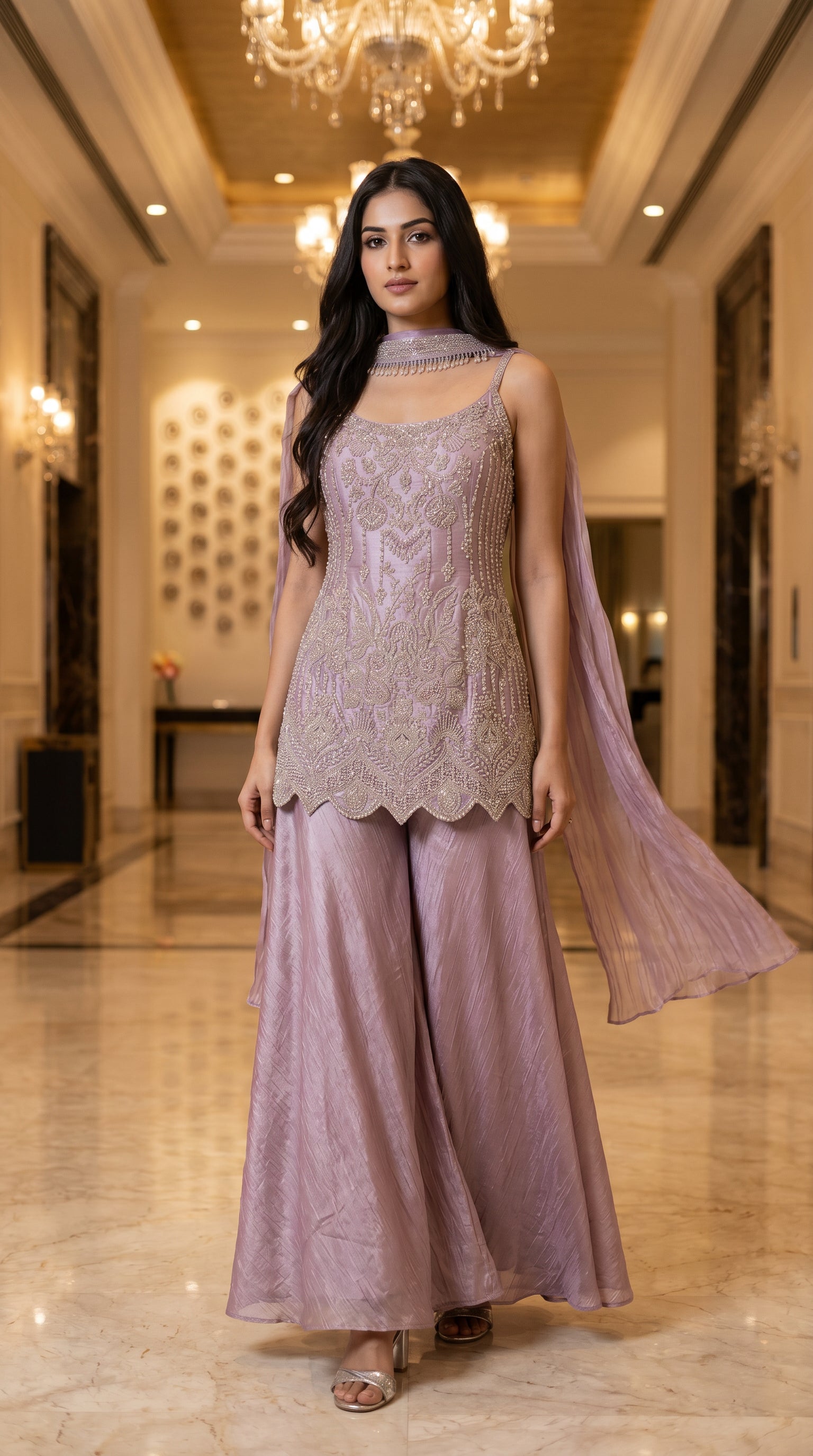Dusty Lilac Embroidered Organza Silk Palazzo Set
