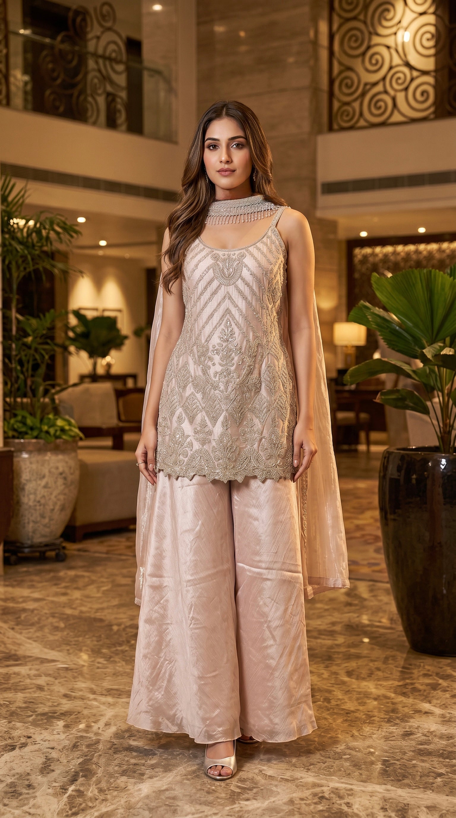 Champagne Blush Embroidered Organza Silk Palazzo Set