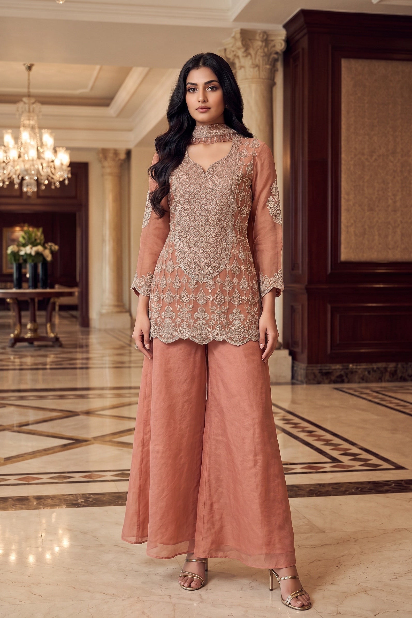 Rosewood Pink Embellished Premium Silk Palazzo Set