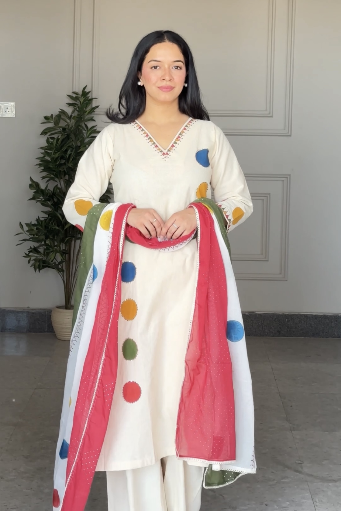 Off White Polka Handwoven Cotton Palazzo Set