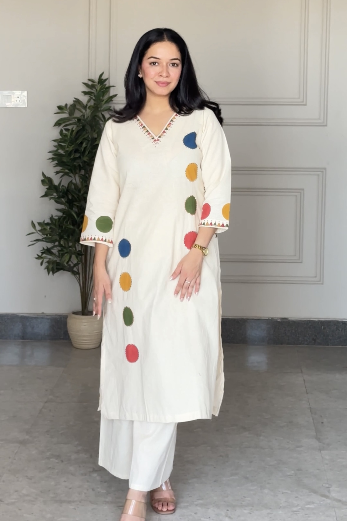 Off White Polka Handwoven Cotton Palazzo Set