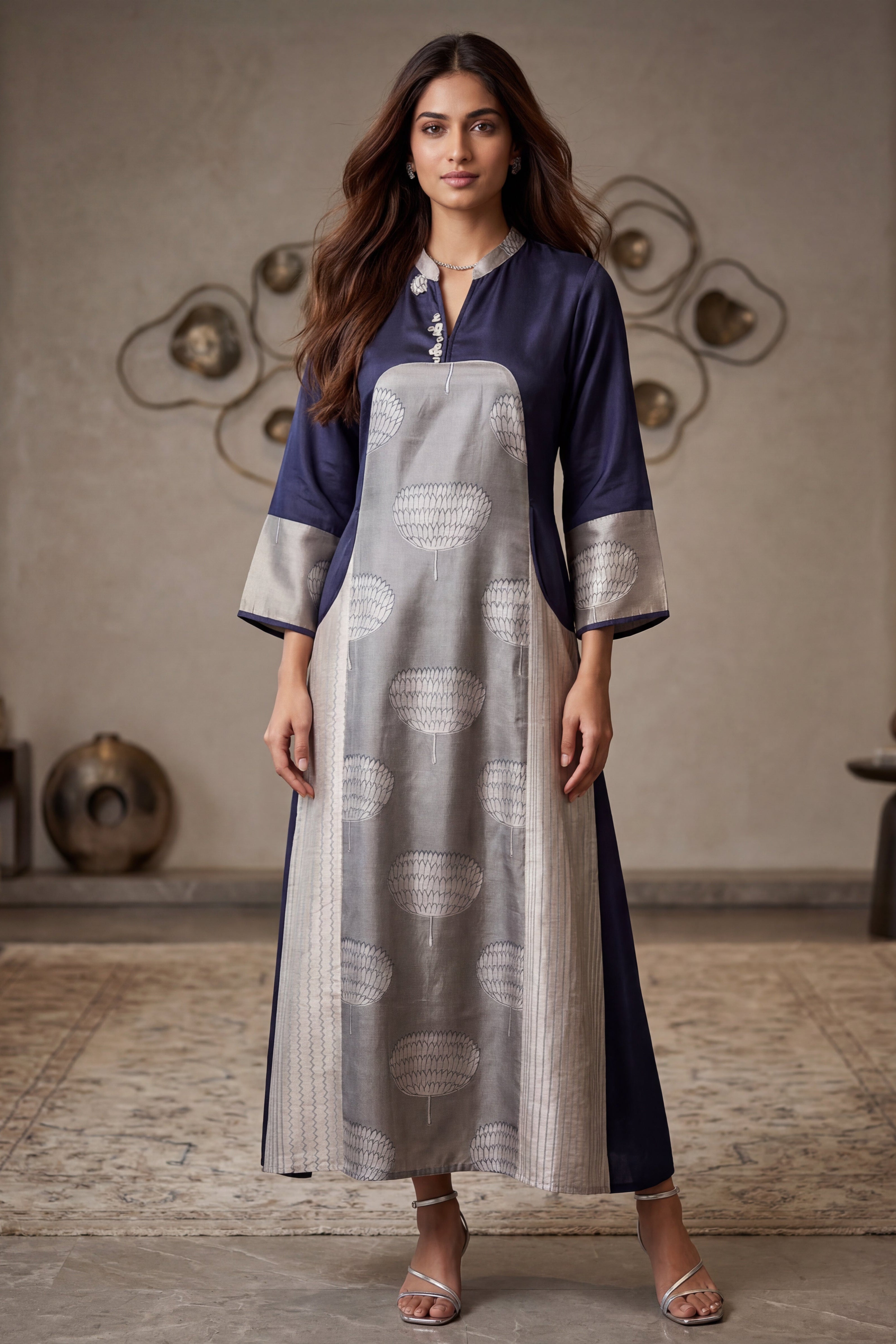 Navy Silver Printed Linen Midi Dress