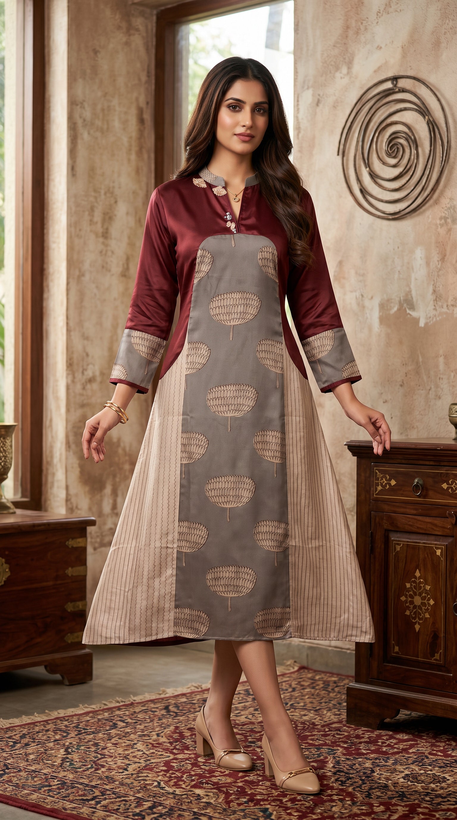 Maroon Silver Printed Linen Midi Dress